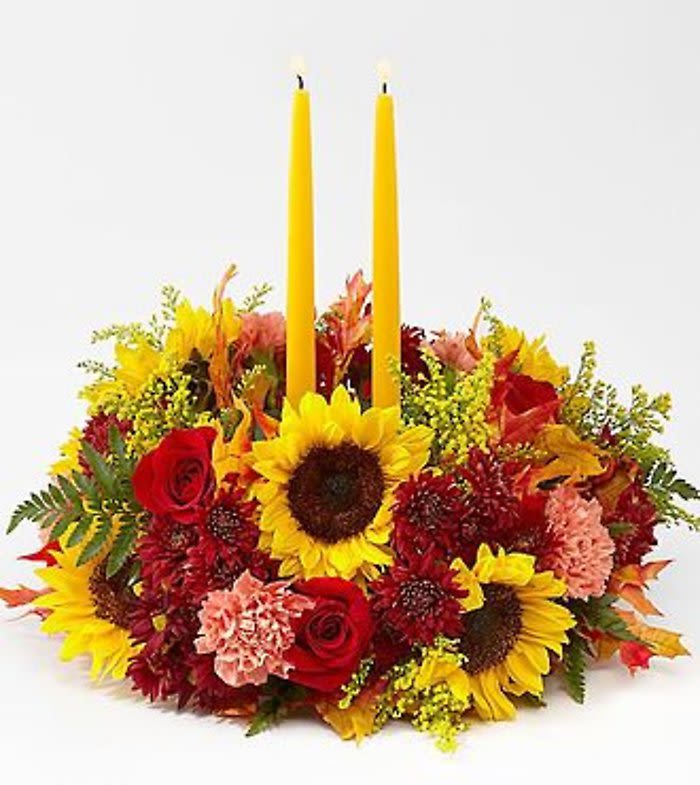 YELLOW CANDLES CENTER PIECE - 2 CANDLE MIX FLOWERS