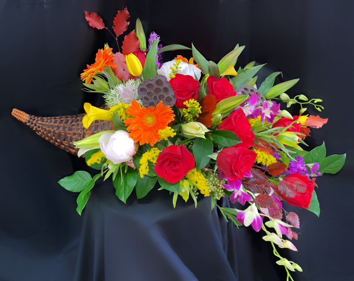 Just Thankful - RED ROSES, ORANGE GERBERAS, PURPLE ORCHIDS, LIGHT PINK PEONIES, WHITE LILYS, YELLOW TULIPS, YELLOW CALLA LILIES AND OTHER FLOWERS