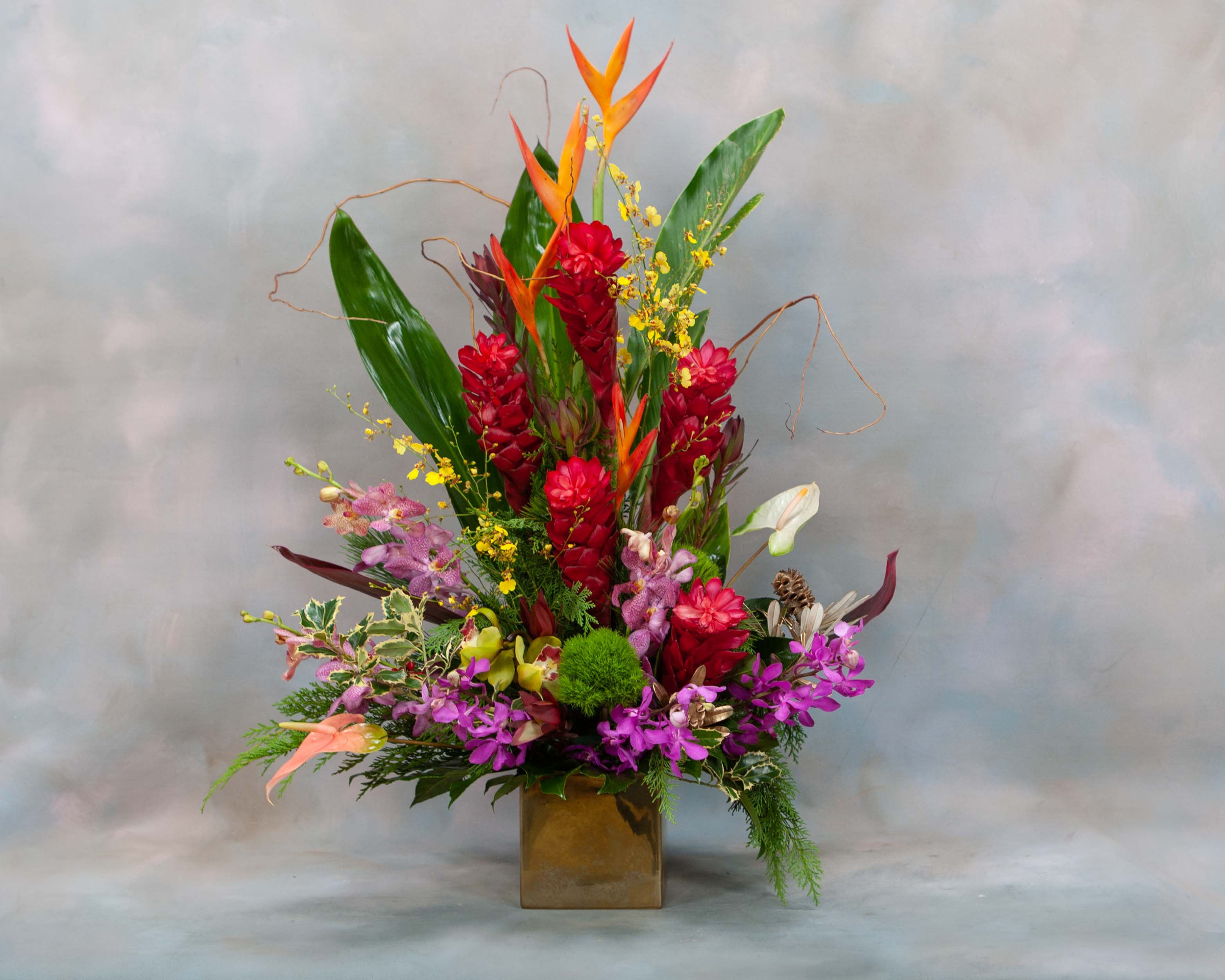 Exotic Splendor SF405 - This one sided beauty sits in a gold container filled with fresh tropicals and assorted festive greens. The arrangement includes red ginger, purple orchids, white and pink anthuriums, and yellow insidium orchids. 