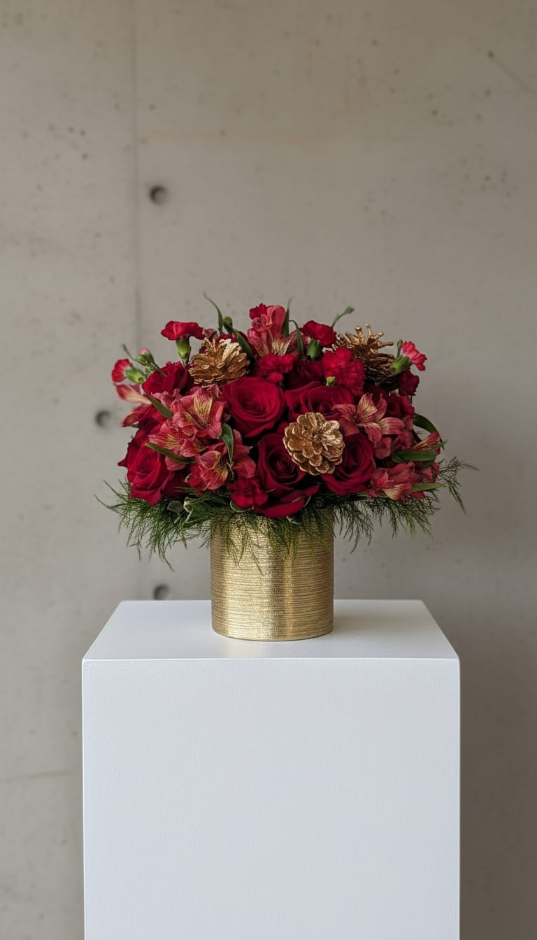 Golden Noel - A timeless holiday arrangement that radiates warmth and sophistication. Featuring lush red roses, alstroemeria, and mini carnations accented with gold pinecones and feathery greenery. All beautifully designed in a shimmering gold vase. Perfect for gifting, dining tables, or adding a touch of Christmas elegance to any space.  