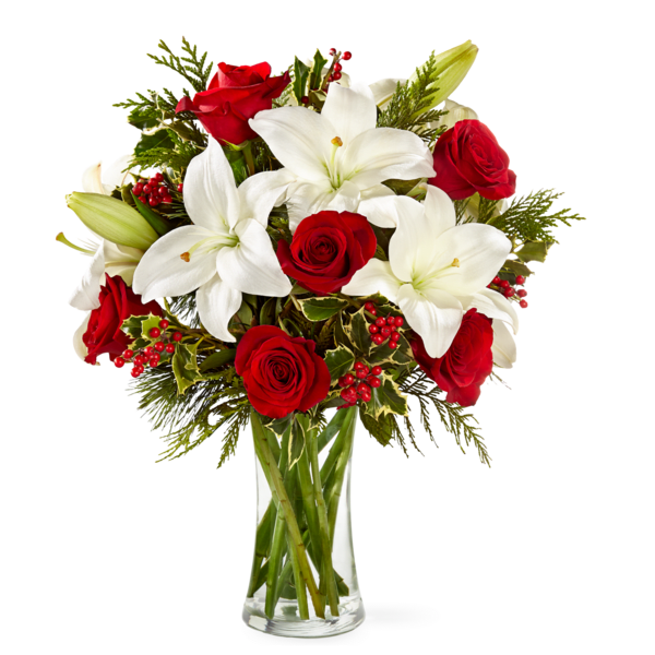 Sparkling Snowflake Bouquet - AVAILABLE STARTING 12/1  Celebrate the magic of the season with our Sparkling Snowflake Bouquet from Irvine Village Flowers. This radiant holiday design features fragrant white oriental lilies paired with rich red roses, accented with festive holly berries and fresh Christmas greens for a crisp, wintry look. Arranged in a clear glass vase, it brings a perfect balance of elegance, color, and seasonal charm.  Ideal for Christmas gifting, winter celebrations, or brightening your home or office décor, the Sparkling Snowflake Bouquet adds a touch of holiday sparkle to any space. Available for delivery in Irvine and surrounding Orange County areas.