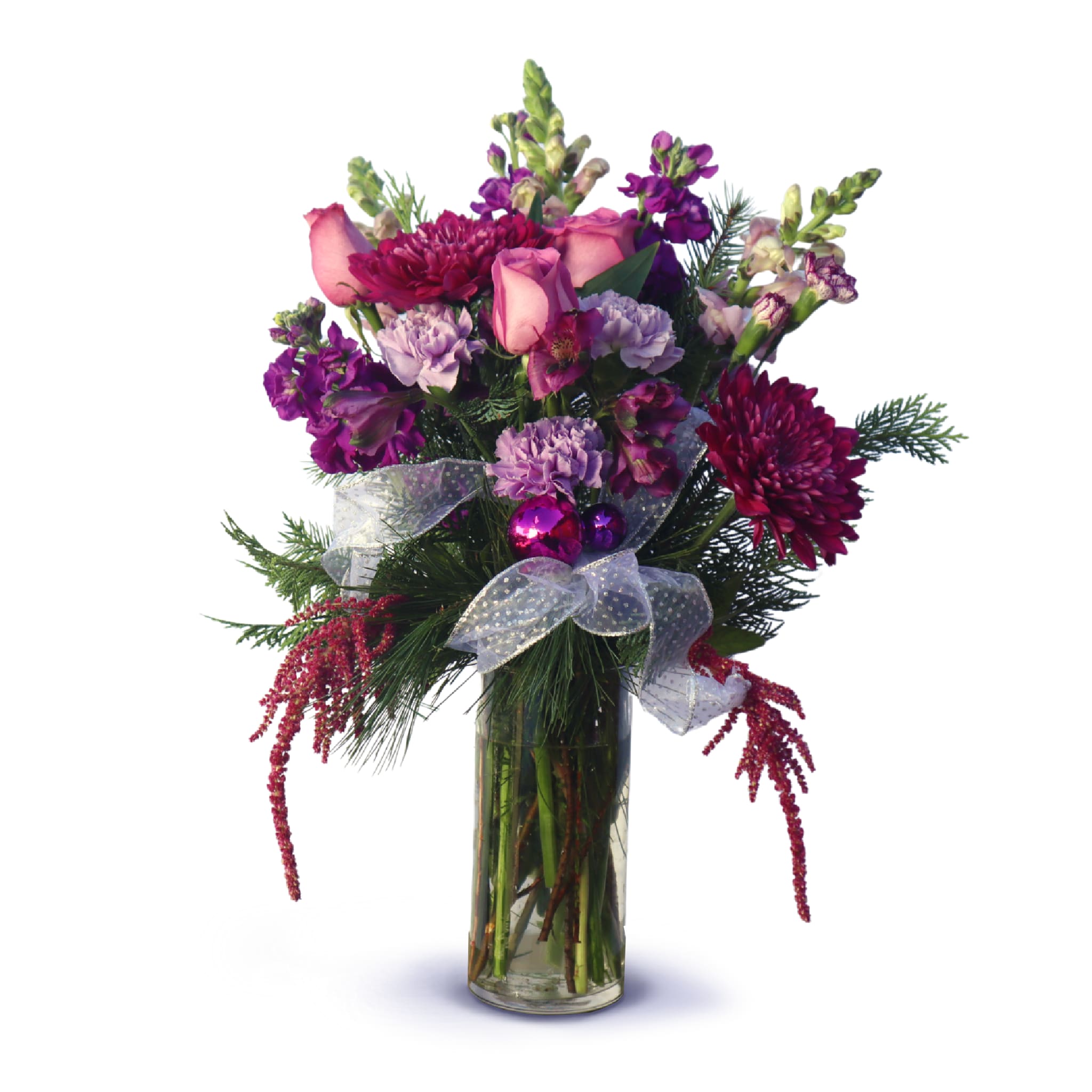 Merry Berry Vase - Bring the holiday charm with this vase of purple and pink carnations, chrysanthemums and roses; tied pretty with a bow!