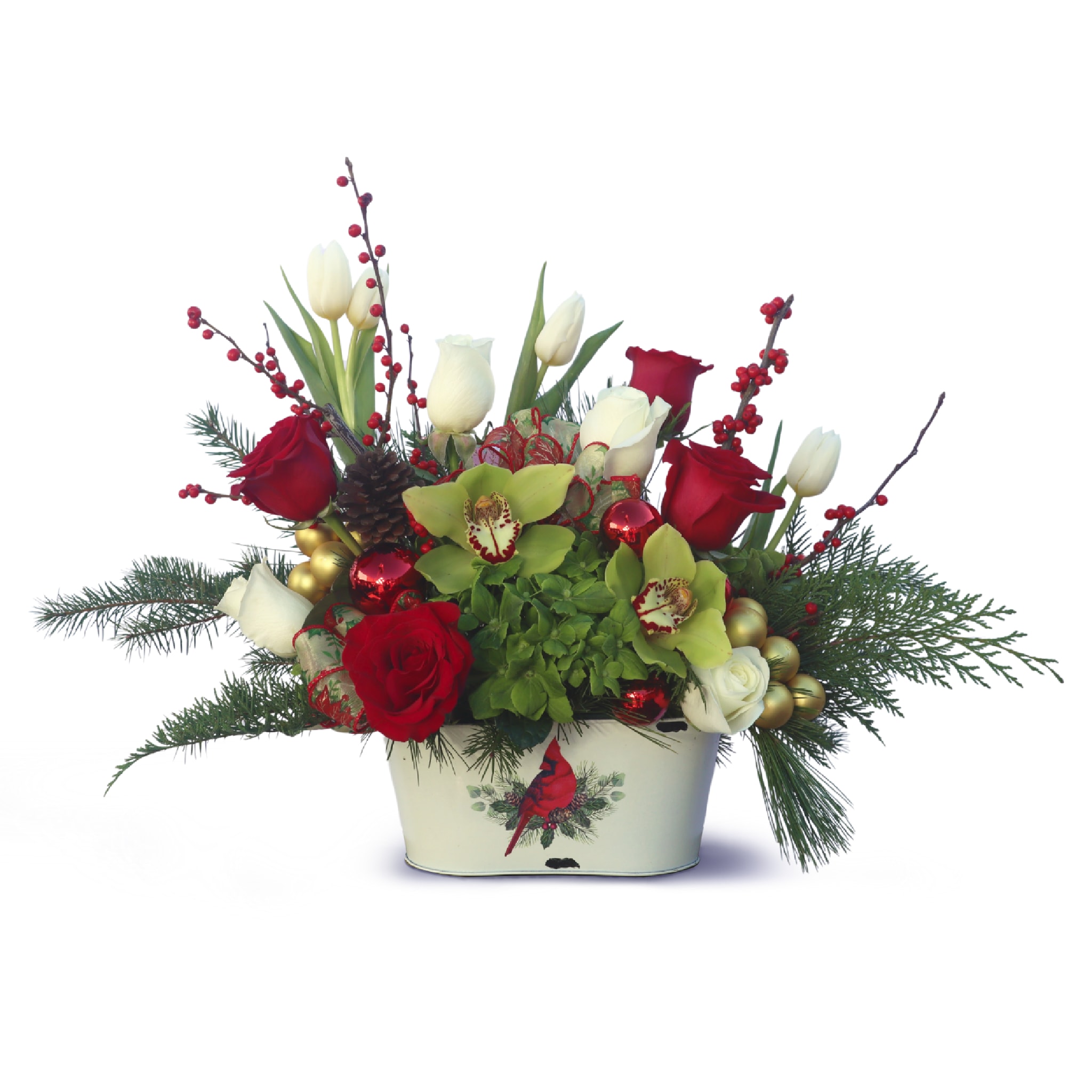 The Cardinals Nest - Get cozy this winter with The Cardinals Nest! An array of Christmas pine leaves, pinecones, winterberry, and gorgeous hydrangea, roses and orchids! 