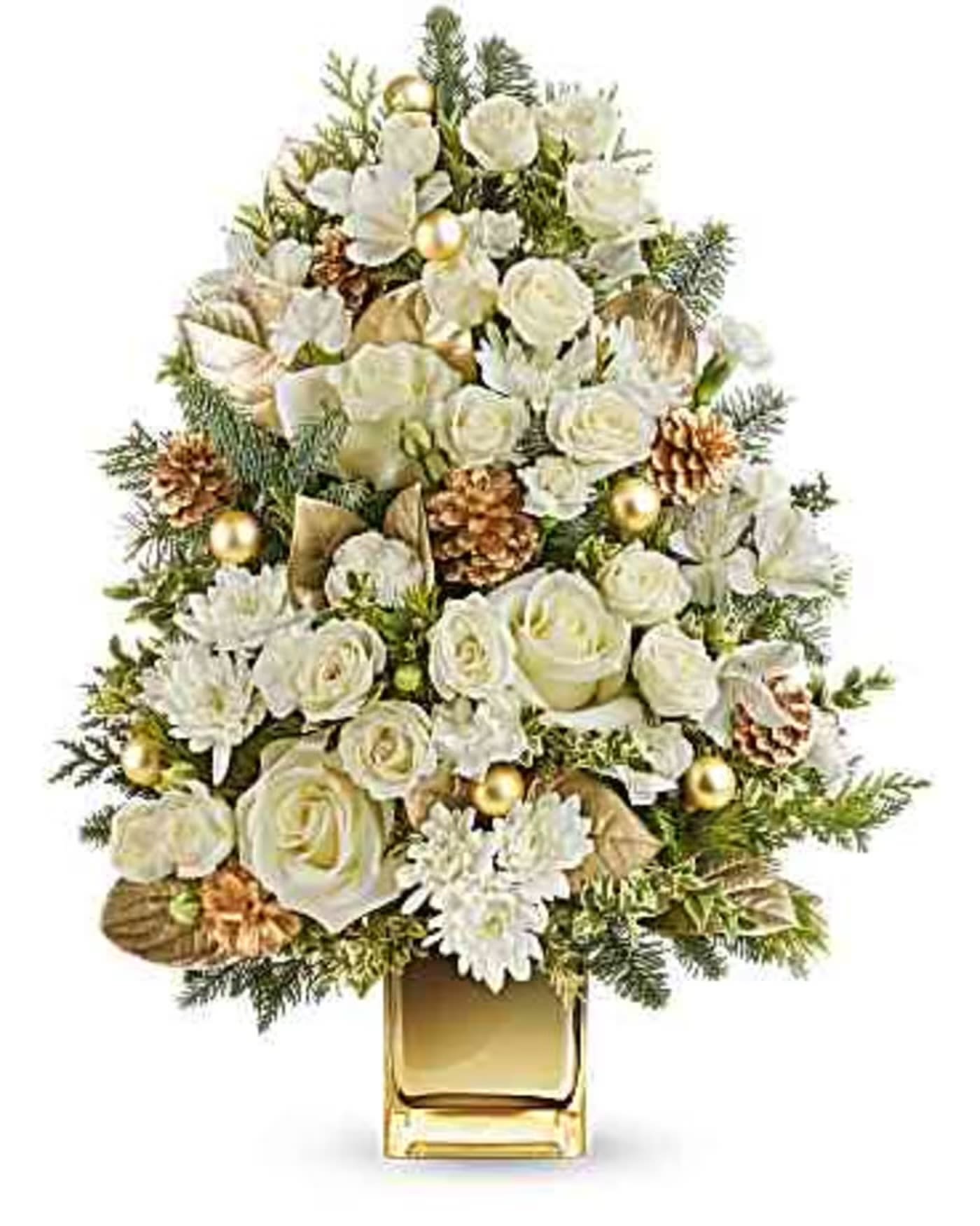 Luxe Winter Tree - AVAILABLE STARTING 12/1  Bring sophisticated winter charm into your home with our Luxe Winter Tree from Flower Synergy in Costa Mesa, a premium holiday floral arrangement designed to elevate any seasonal space. This luxurious Christmas tree–inspired design features premium roses, lush chrysanthemums, natural pine cones, and fragrant Christmas greens, all beautifully styled in a modern gold cube vase. The rich textures and classic holiday colors make it an eye-catching centerpiece for Christmas décor, holiday parties, and festive gifting.  The standard option is created as a one-sided display—perfect for entryways, kitchen counters, reception desks, or mantel styling. The premium option is fully designed all-around, offering an even more abundant and elegant presentation ideal for dining tables or prominent display areas. Each Luxe Winter Tree measures approximately 13 x 21 inches.  Perfect for holiday flower delivery in Newport Beach, Costa Mesa, and surrounding Orange County areas, this arrangement adds warmth, luxury, and timeless Christmas spirit to any home or office.