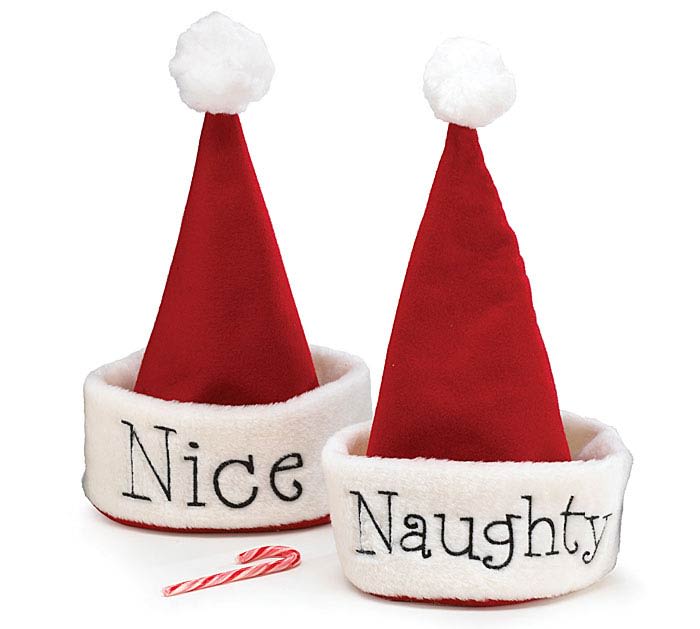 Naughty or Nice Santa Hat - Red felt Santa hat with black stitched &quot;Nice&quot; on one side and &quot;Naughty&quot; on the other side. One size fits most.  18&quot; H x 8&quot; Opening.
