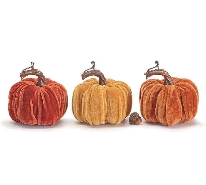 Small Velvet Pumpkin - Velvet pumpkin assortment in various colors with plastic stems. Sold separately, not a set.  3.25&quot;H x 3.5&quot;Diameter