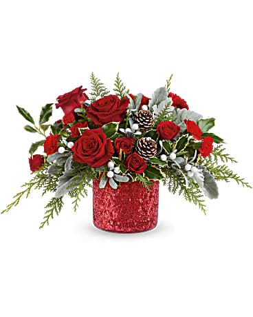 Teleflora's Make a Wish Bouquet - Teleflora's Magical Wish Bouquet brings holiday sparkle to life! Red blooms and festive greens shine in Teleflora's glittering Magical Wish Vase-a dazzling gift for Christmas or any winter celebration. Teleflora's Magical Wish Bouquet includes red spray roses, red carnations, and red miniature carnations. Accented with dusty miller, cedar, and variegated holly in Teleflora's Magical Wish Vase