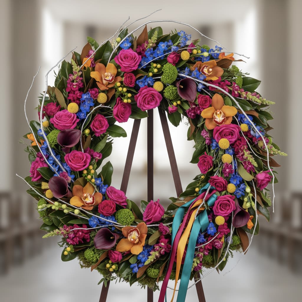 Vibrant Remembrance Wreath By Black Cat Florist  - The Vibrant Remembrance Wreath is a deeply artistic and profoundly colorful tribute, designed to celebrate a life lived with passion and joy. Breaking from traditional expectations, this round wreath is a breathtaking mosaic of vivid hues, featuring a rich tapestry of fuchsia roses, radiant orange orchids, deep purple calla lilies, and brilliant blue delphinium, accented with unique textures and lush greenery. Delicate ribbons in complementary shades cascade gently, adding a touch of grace. This exceptional piece offers a heartfelt expression of remembrance and a beautiful celebration of a cherished spirit, making it a truly unique and memorable symbol of love and honor.