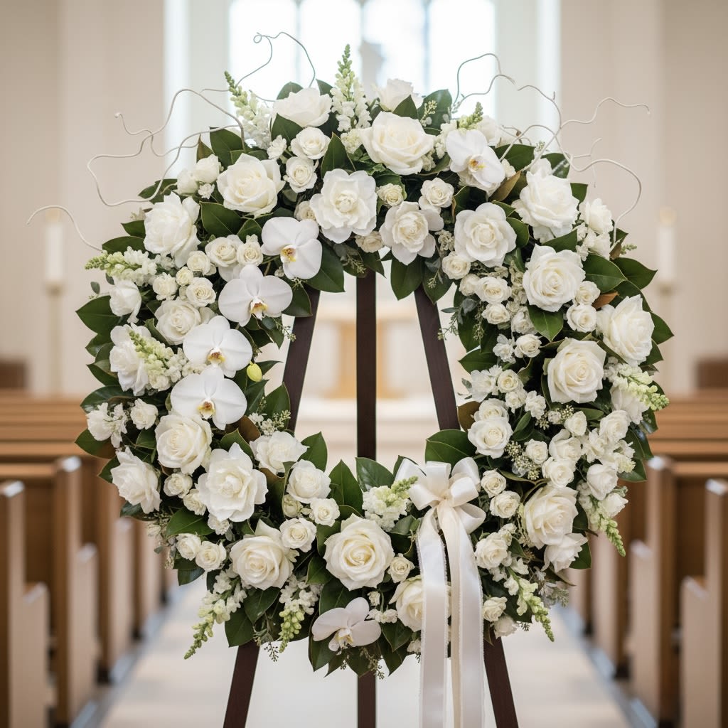 Heavenly Embrace Wreath By Black Cat Florist - The Heavenly Embrace Wreath is a magnificent and deeply moving tribute, meticulously crafted in a timeless palette of pure white. This artistic round wreath symbolizes unending love and remembrance, featuring an opulent array of pristine white blooms, including classic roses, delicate spray roses, elegant hydrangeas, and graceful phalaenopsis orchids. Lush, verdant greenery provides a comforting backdrop, while subtle artistic elements enhance its sophisticated design. A soft white ribbon gracefully completes the piece, offering a serene and beautiful expression of profound sympathy and cherished memories. This wreath is a truly dignified and heartfelt testament to a life well-lived.