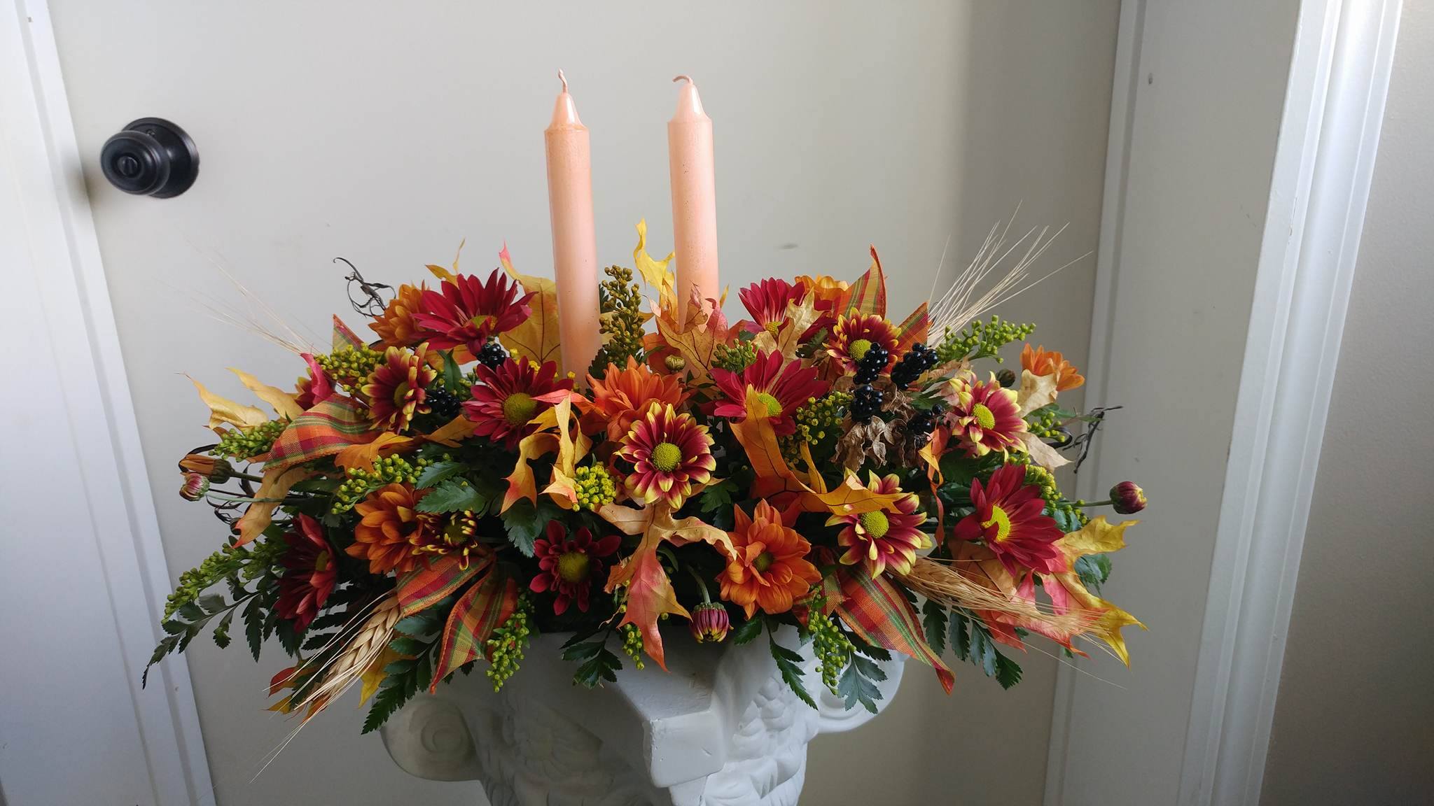 Thanksgiving Centerpiece - Custom Centerpiece with taper candles, fall flowers, ribbon, wheat, and filler