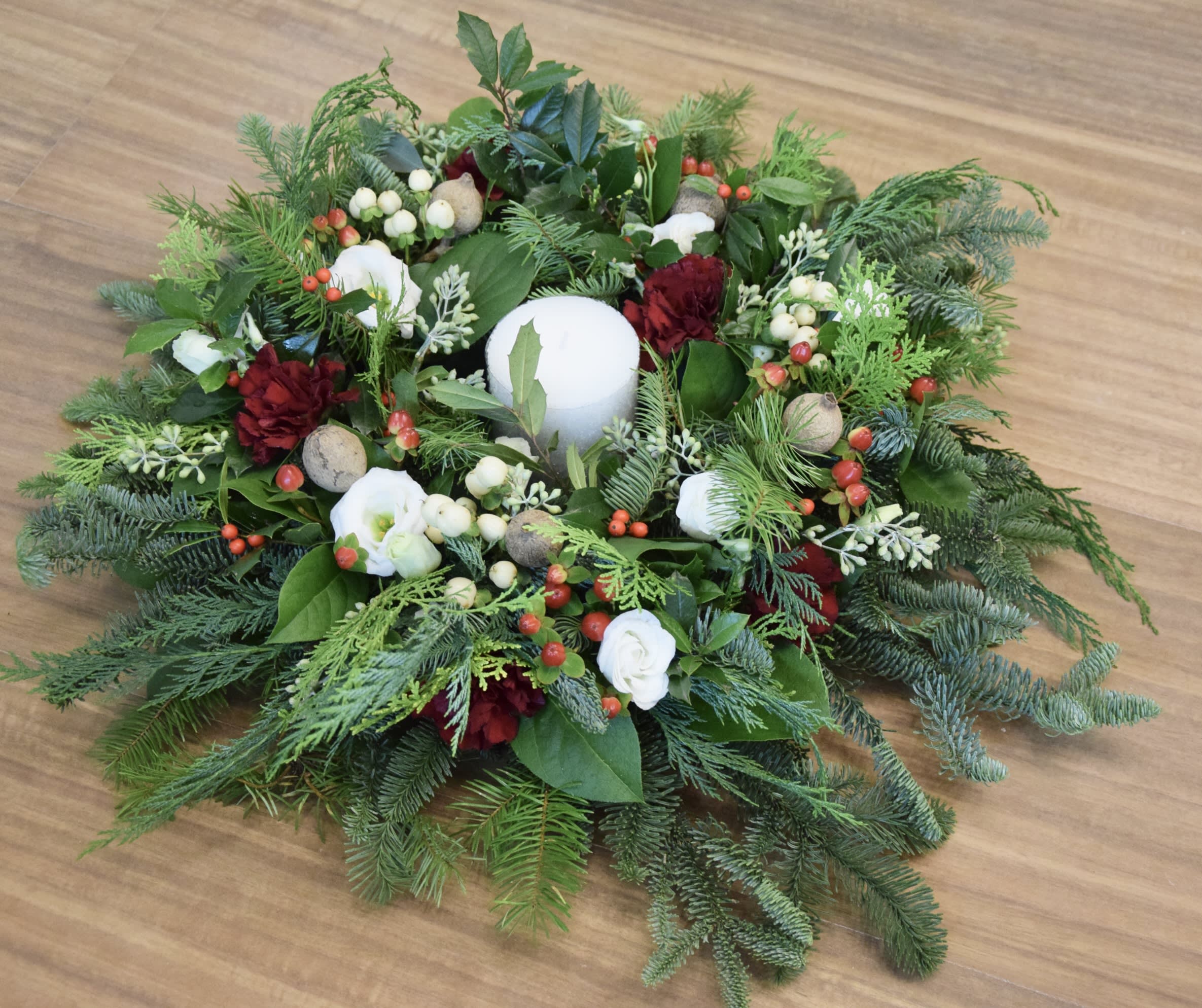 Christmas Table Decor with candle - Personally handcrafted table wreath by yours truly - a festive table wreath made on a 10,5inch round design tray with fresh small blooms, berries, and evergreens in holiday colors. It comes with a candle. 