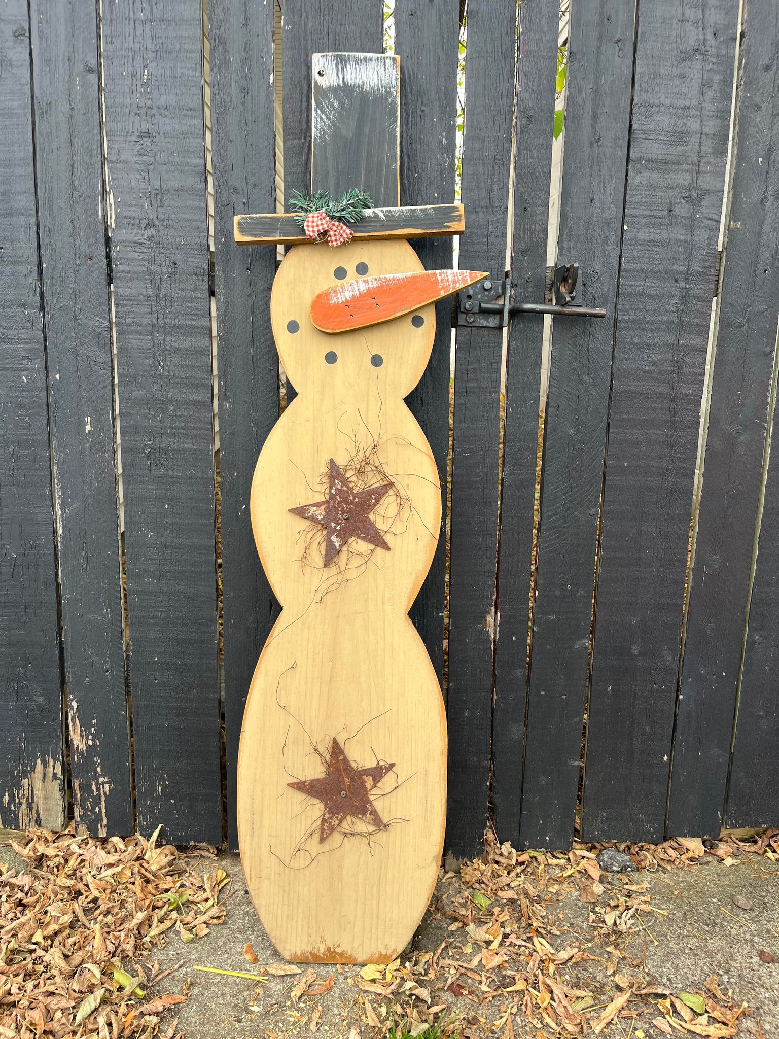 Wooden Snowman with Stars - Tall wooden snowman with Stars. Leaner.   Made in the USA