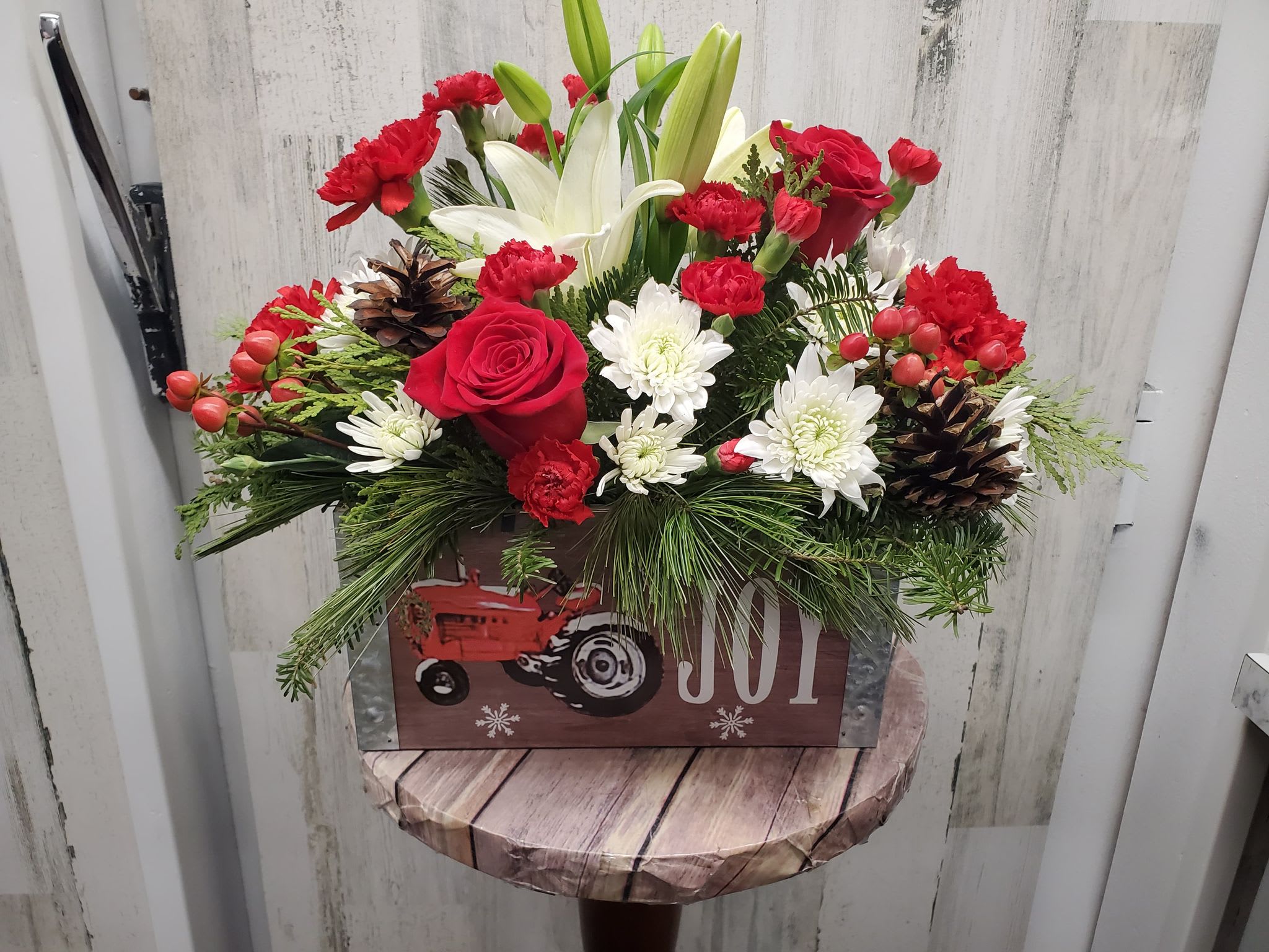 Holiday Joy  - Christmas Center Piece in a Wooden Box Filled with Joyful flowers.  