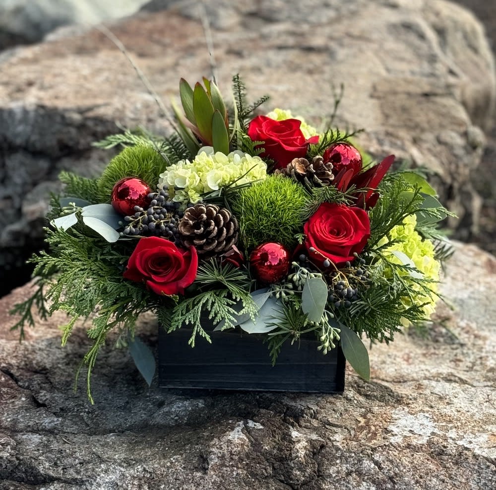 Cozy Christmas  - Designed in a wooden box,  lush with holiday greens,  berries, roses, hydrangea and more.