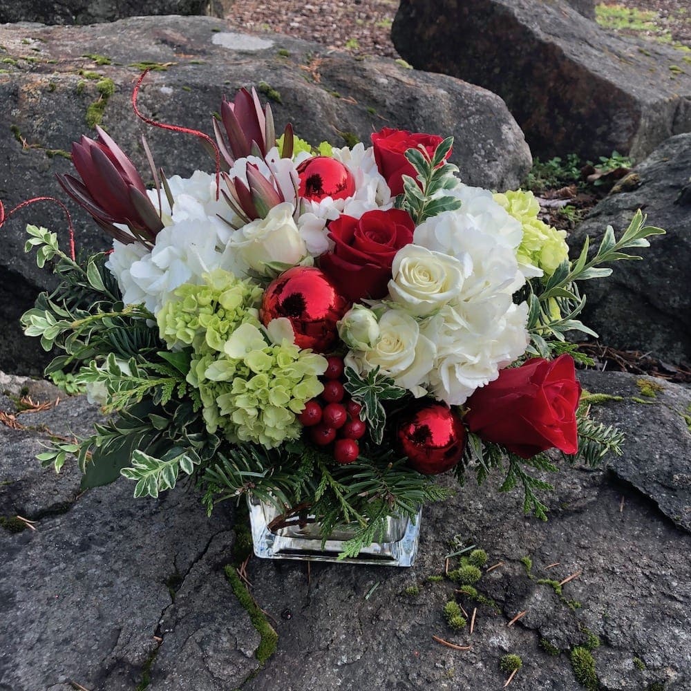 Christmas Chic  - Designed in a modern cube,  packed with lots of Christmas goodness.  Lush with holiday greens and filled with hydrangea, roses, berries and leucadendra.