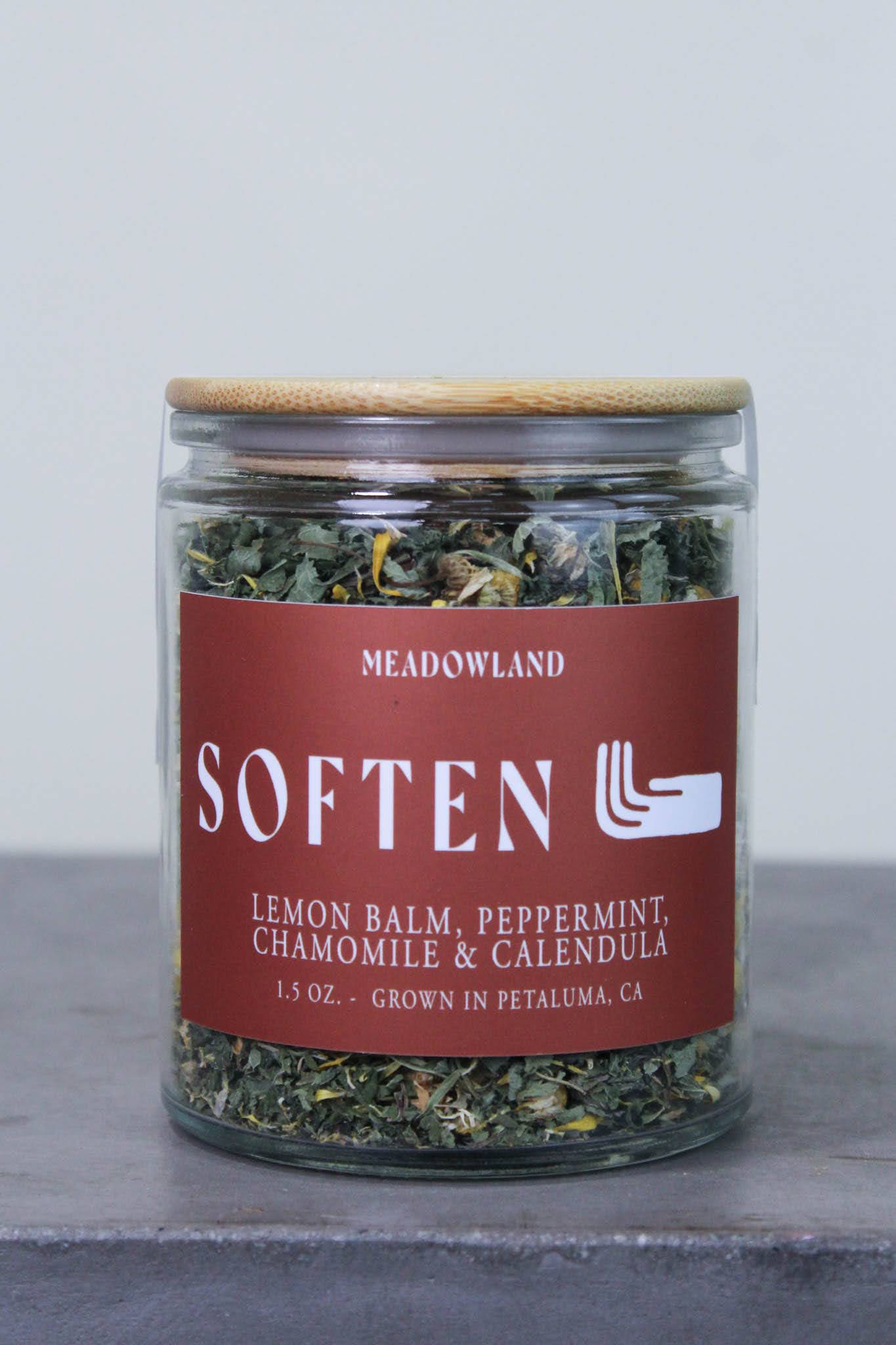 Meadowland Tea  - A tea blend of lemon balm, peppermint, chamomile, and calendula crafted to soothe and calm both digestion and mood.   Meadowland Herbs is a small-scale medicinal herb farm based in Petaluma, CA. All herbs are sown, grown, harvested, and processed by the same two hands. Crafted to nourish the mind, body, and spirit. 
