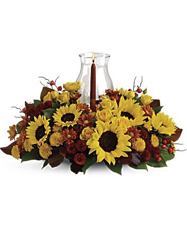 Sunflower Centerpiece - Sunflowers are the stars of this fabulous fall flower centerpiece! All the classic autumnal colors are here, plus a glowing glass hurricane, making it a heartwarming decoration for your Thanksgiving table, kitchen counter or powder room. Stunning sunflowers add bright energy to this beautiful arrangement of bronze daisies, bronze cushion mums and rust button mums. Accented with red ilex berries, brown copper beech leaves, magnolia leaves and salal. A cranberry taper candle glows inside a glass hurricane vase. Orientation: All-Around