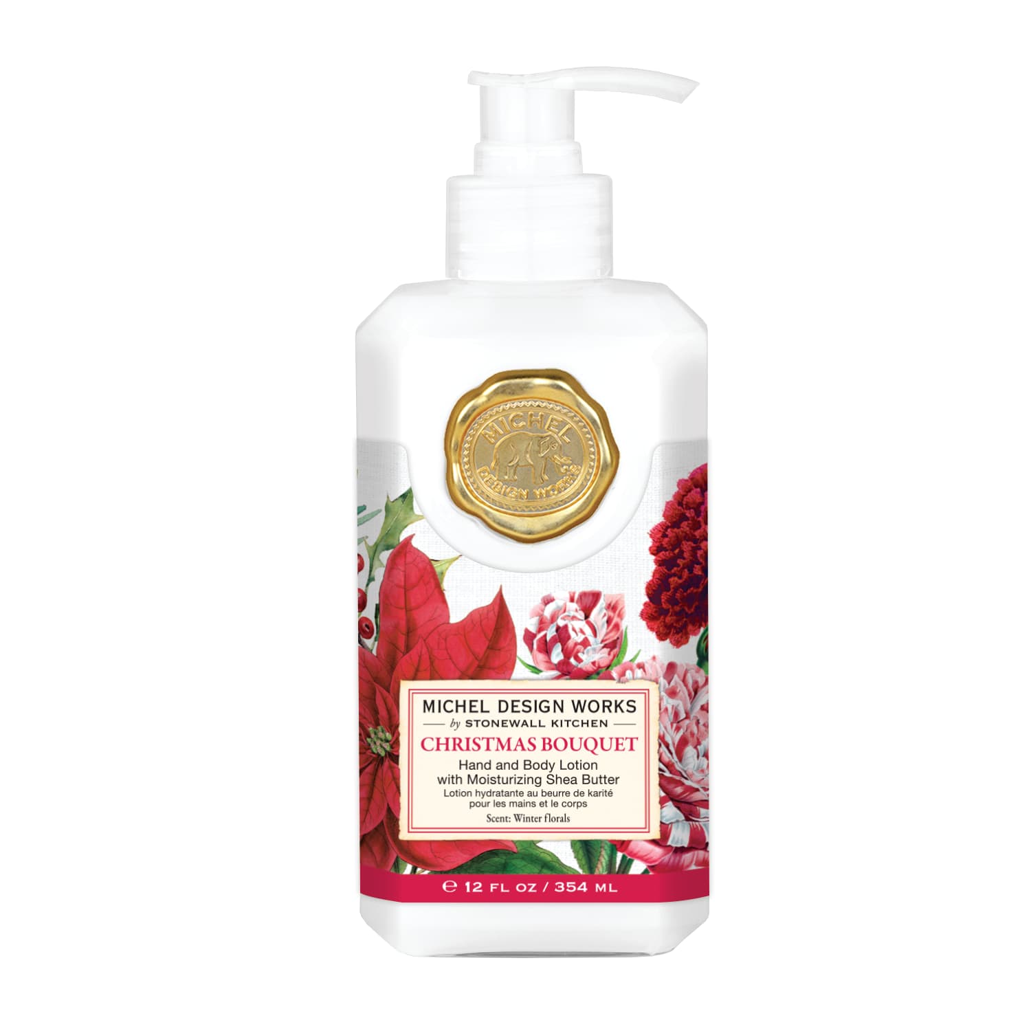 Christmas Bouquet Hand and Body lotion - Our soothing lotion is a blend of aloe, coconut oil, shea butter, and other select herbs and botanicals to moisturize and soften the skin. Scent: Winter florals with notes of red fruit, jasmine, and lavender A stunning design to welcome the holidays! Celebrate the season with this spectacular arrangement of winter florals and greenery. 12 fl oz / 354 ml 
