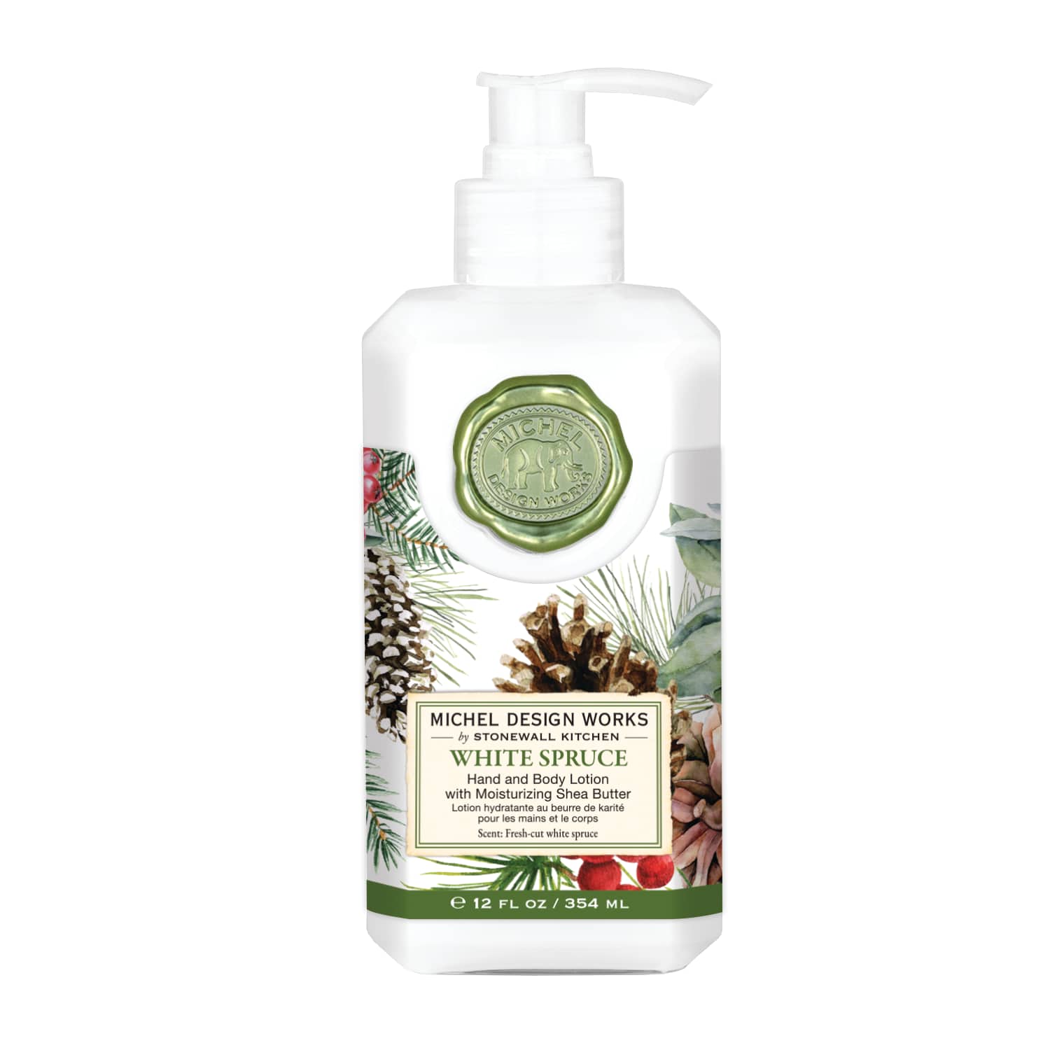 White Spruce Hand and Body Lotion - Our soothing lotion is a blend of aloe, coconut oil, shea butter, and other select herbs and botanicals to moisturize and soften the skin. Scent: True Spruce with touches of fruit and spice The crisp scent of spruce and a design of greens, pine cones, and berries make for a perfect complement to any décor.  12 fl oz / 354 ml