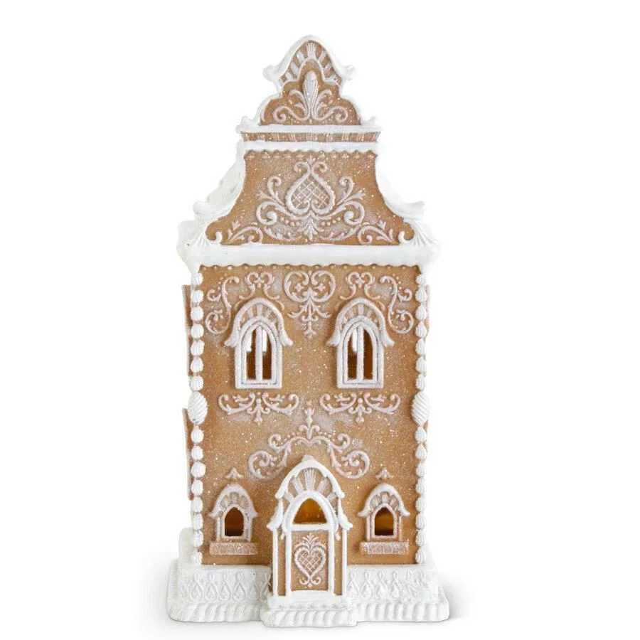 LED Light Up Gingerbread House - Select this charming light up gingerbread house made of poly resin has frosted details that adds a warm holiday glow to any space.   13.5 inches high x  6.5 inches wide x 5.5 inches deep 