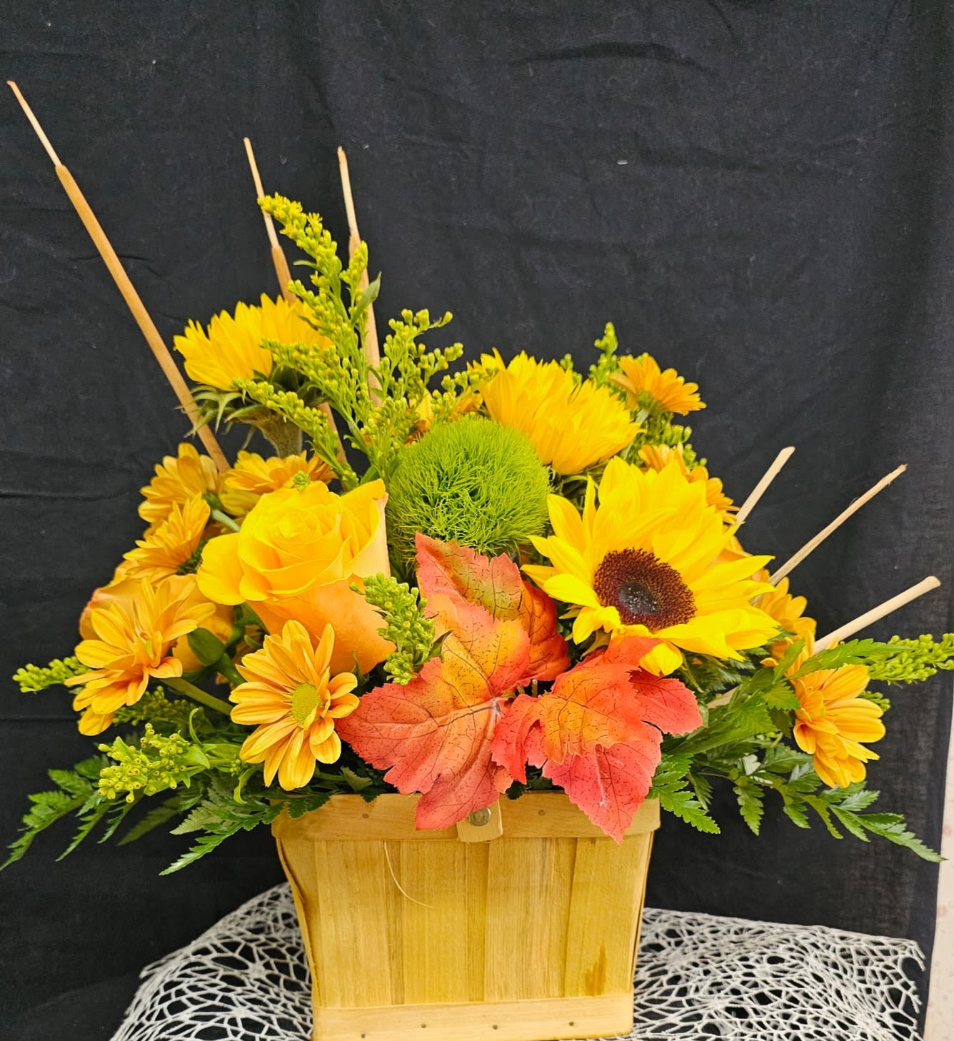 Autumn Sunshine - A basket full of lighter shades of fall... includes sunflowers, fall shade roses, daisies and more!!