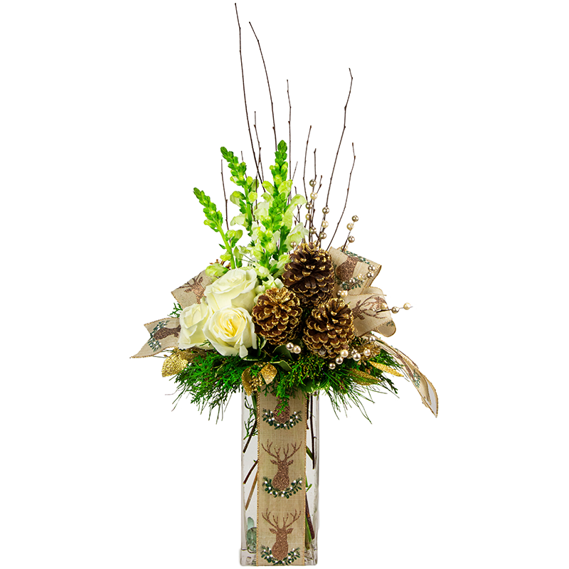 Woodland Snow Fall - The Woodland Snow Fall is handcrafted with White Snapdragons, White Roses, Winter Greens, Gold Glitter Pinecones, Gold Glitter Leaves, Gold Berries, and Festive Elk Ribbon.