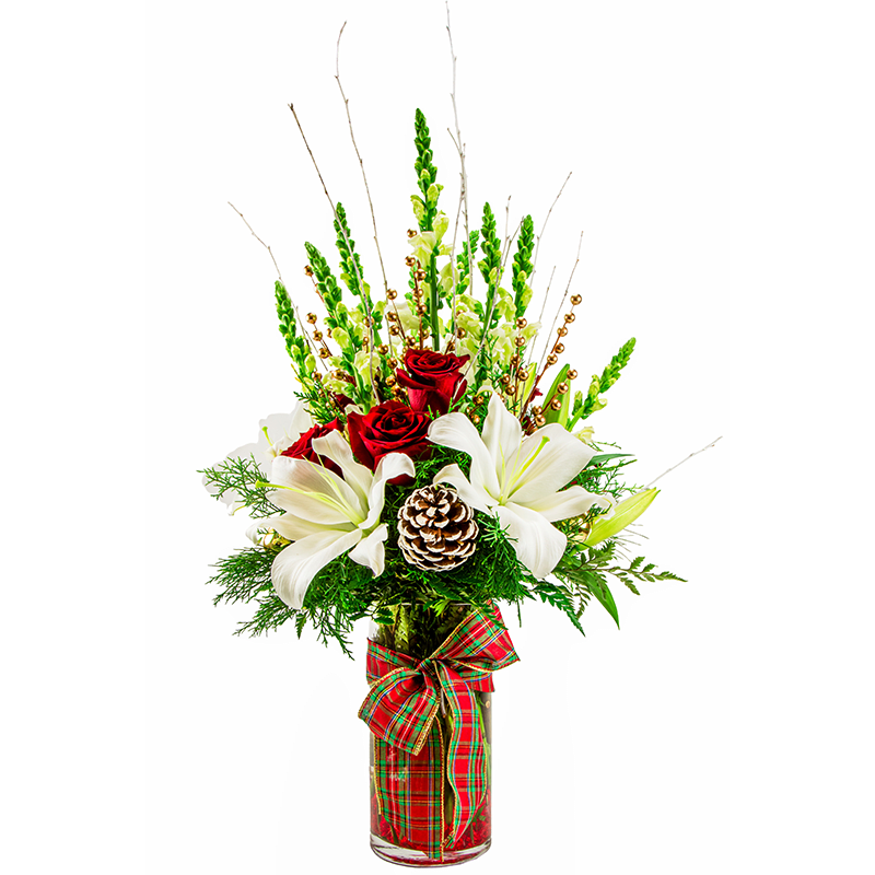 Winters Beauty - Beautiful handcrafted arrangement designed with, White Snapdragons, Red Roses, White Lilies, Pine Cones, and Burch Barries