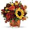 Teleflora's Hello Autumn Bouquet - Greet the new season with this heartwarming sunflower and rose bouquet, presented in a cheerful orange cube vase. 