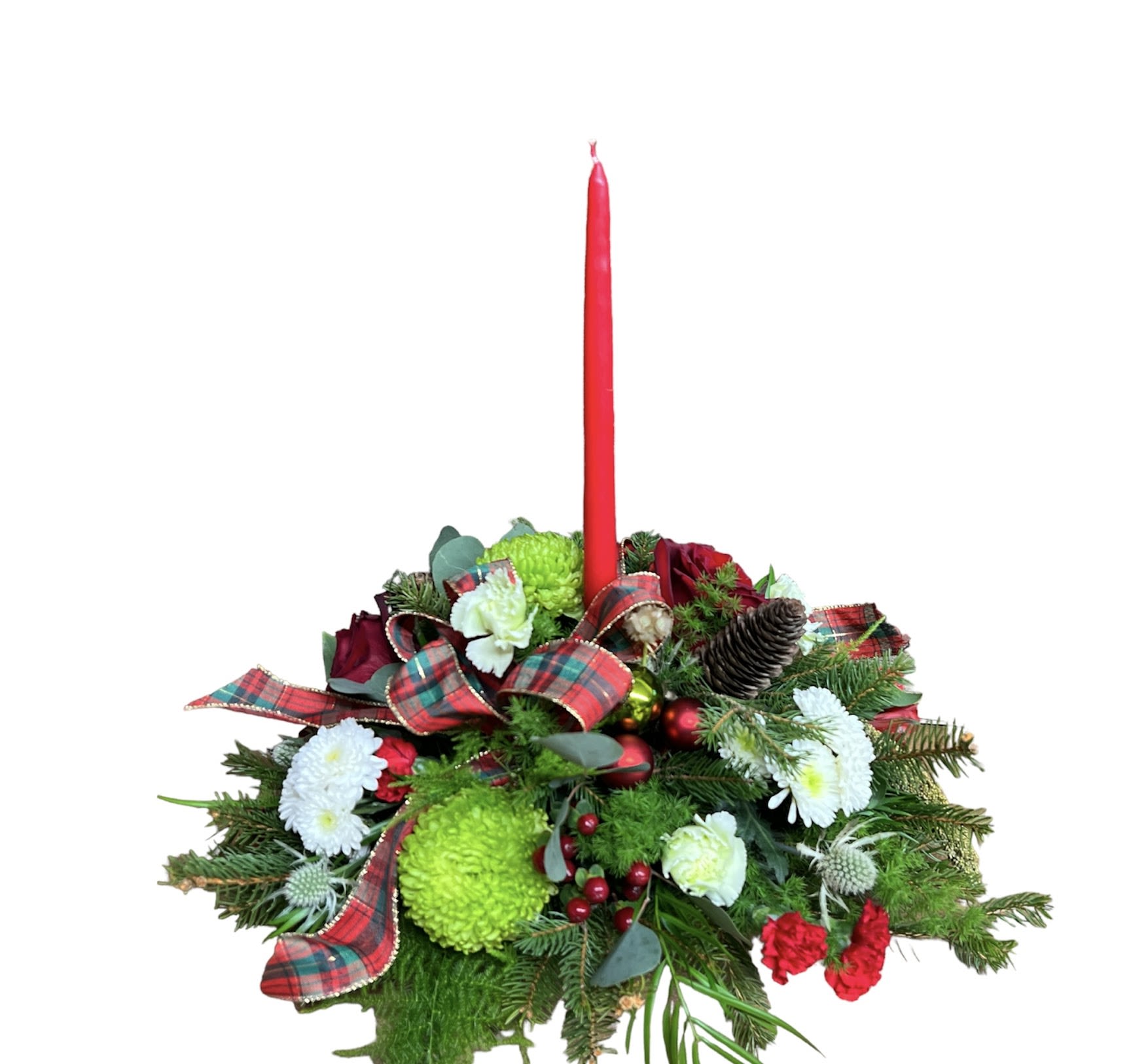 Merry and Bright  - This beautiful round centerpiece with a red candle in the middle, is a must have for Christmas! 