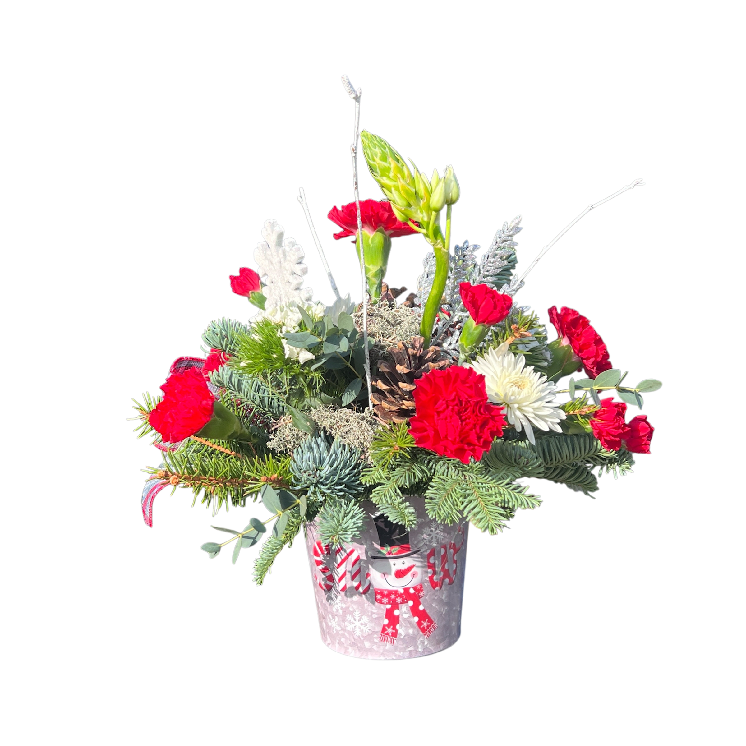 Frosty the Snowman - Long lasting seasonal greens , red flowers and white flowers all come wonderfully arranged inside this cheery frosty the snowman keepsake container.