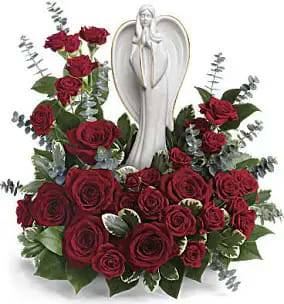 Forever Our Angel - Red Roses surrounding an angel or cross icon to celebrate your loved ones life with respect and honor.
