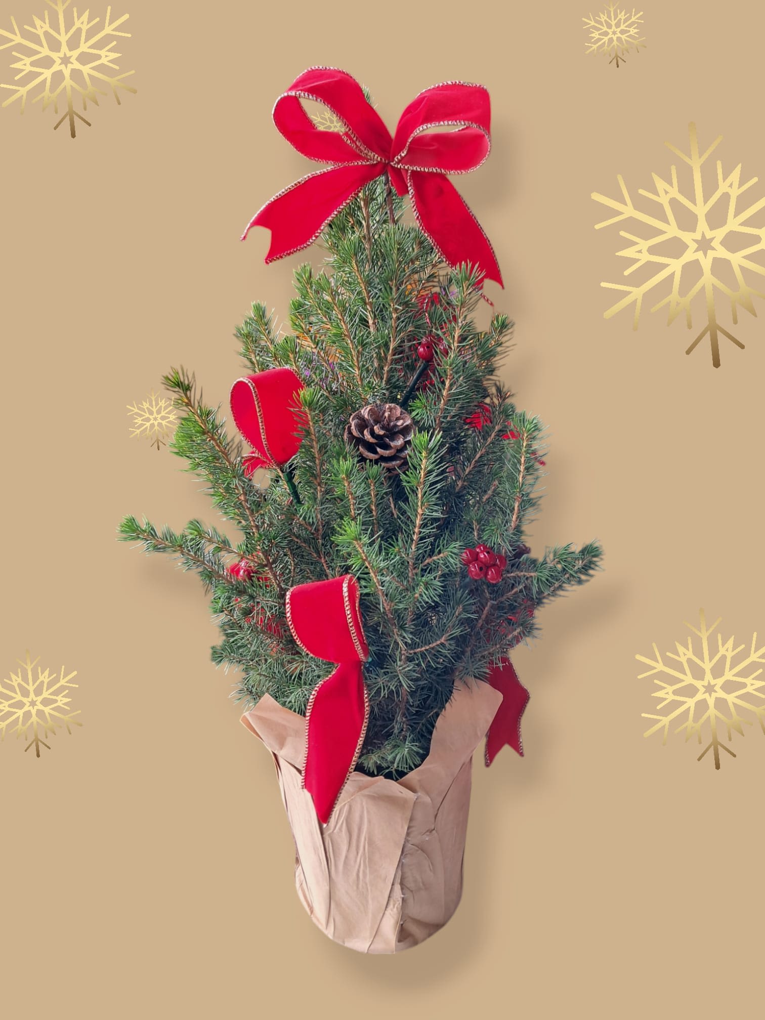 Merry Tree - This wonderful tree is decorated with red ribbon, artificial berries, pinecones and a red bow at the top.