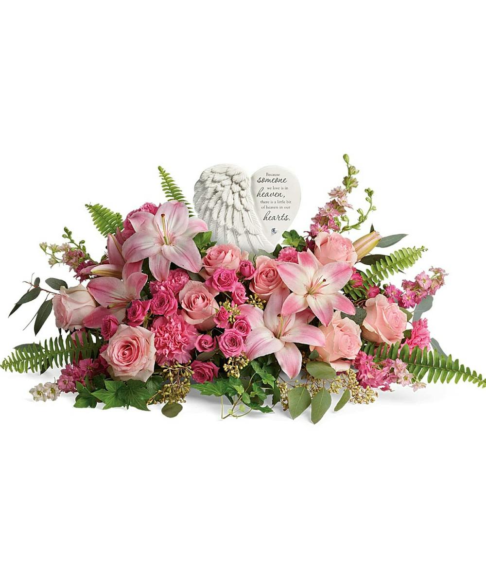 Heartfelt Farewell Bouquet - Soft pink florals surround a porcelain keepsake. A heartfelt tribute they well treasure forever.