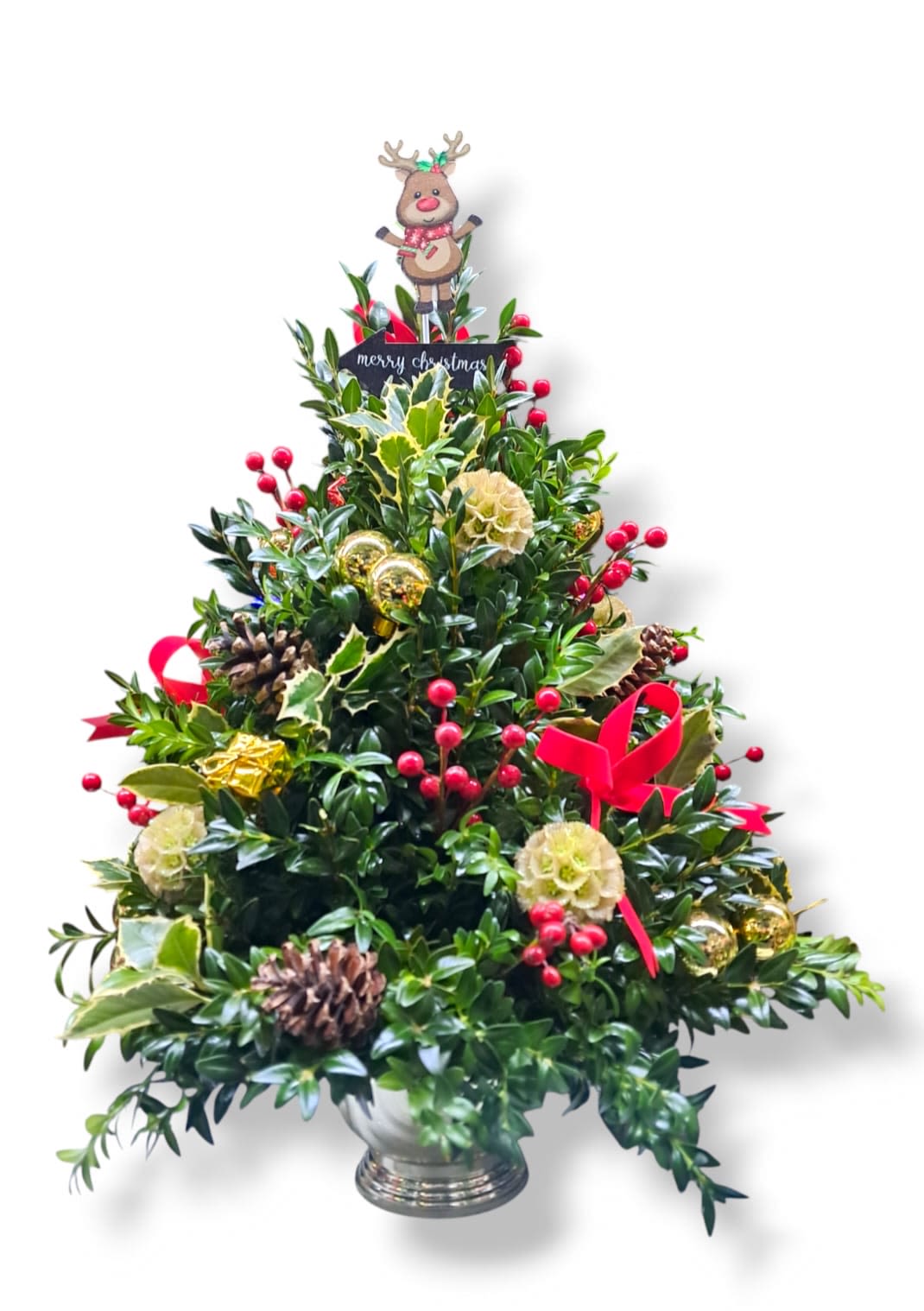 Rudolph’s Mini Tree - This festive mini tree is adorned with ornaments, bows, pinecones, holly, and artificial berries