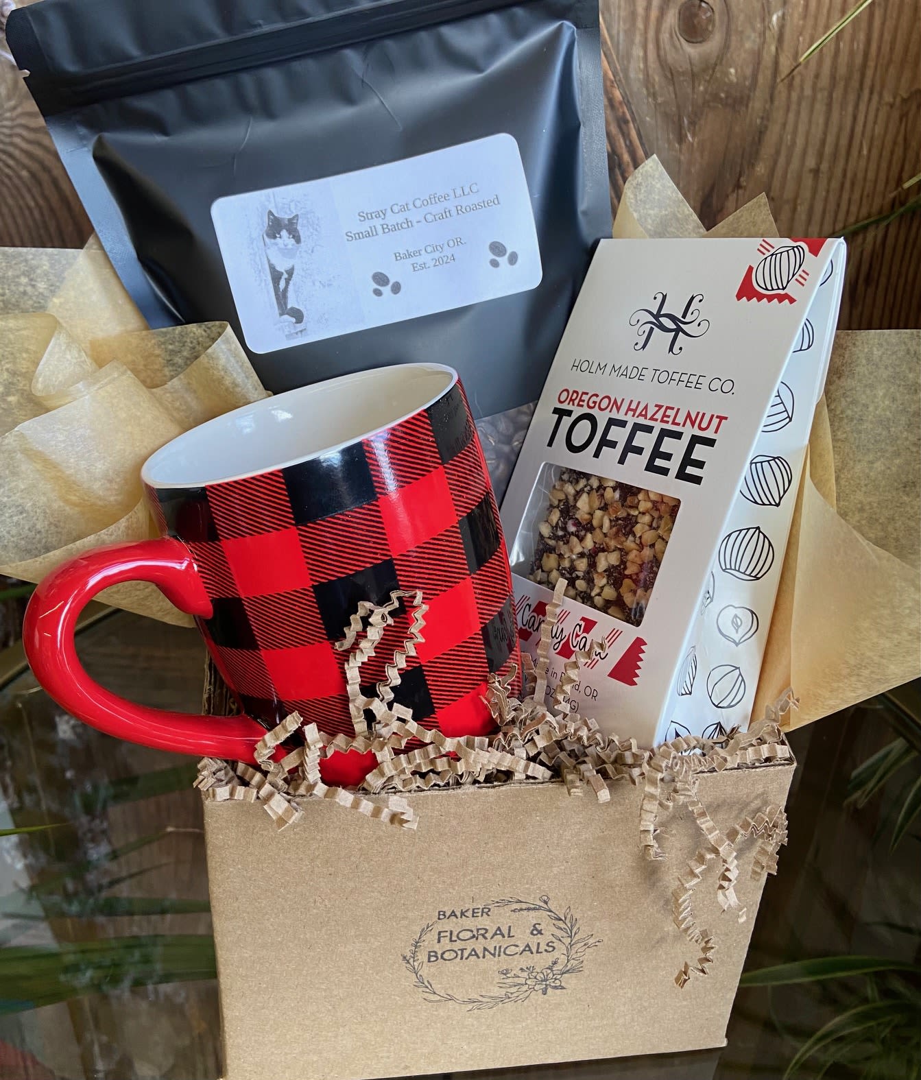 Holiday Coffee Lovers Gift Basket - Includes a 12 oz. bag of locally roasted Stay Cat Coffee beans, Holiday mug, and 4 oz package of Oregon Hazelnut Candy Cane Toffee!  *Guatemala Xinabajul Evelio Vilatoro Beans: Maple and brown sugar flavors are delicious, with notes of chocolate rice crispy treats, and moderate brightness. Roast level City to Full City + Good for espresso. 