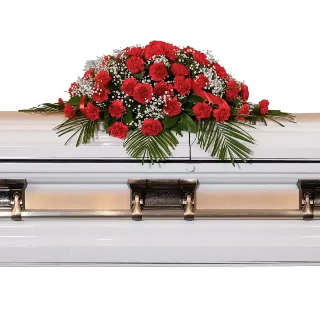 Red Elegance Casket Spray - A stunning spray of vibrant red carnations delivers a powerful and dignified tribute for your loved one.