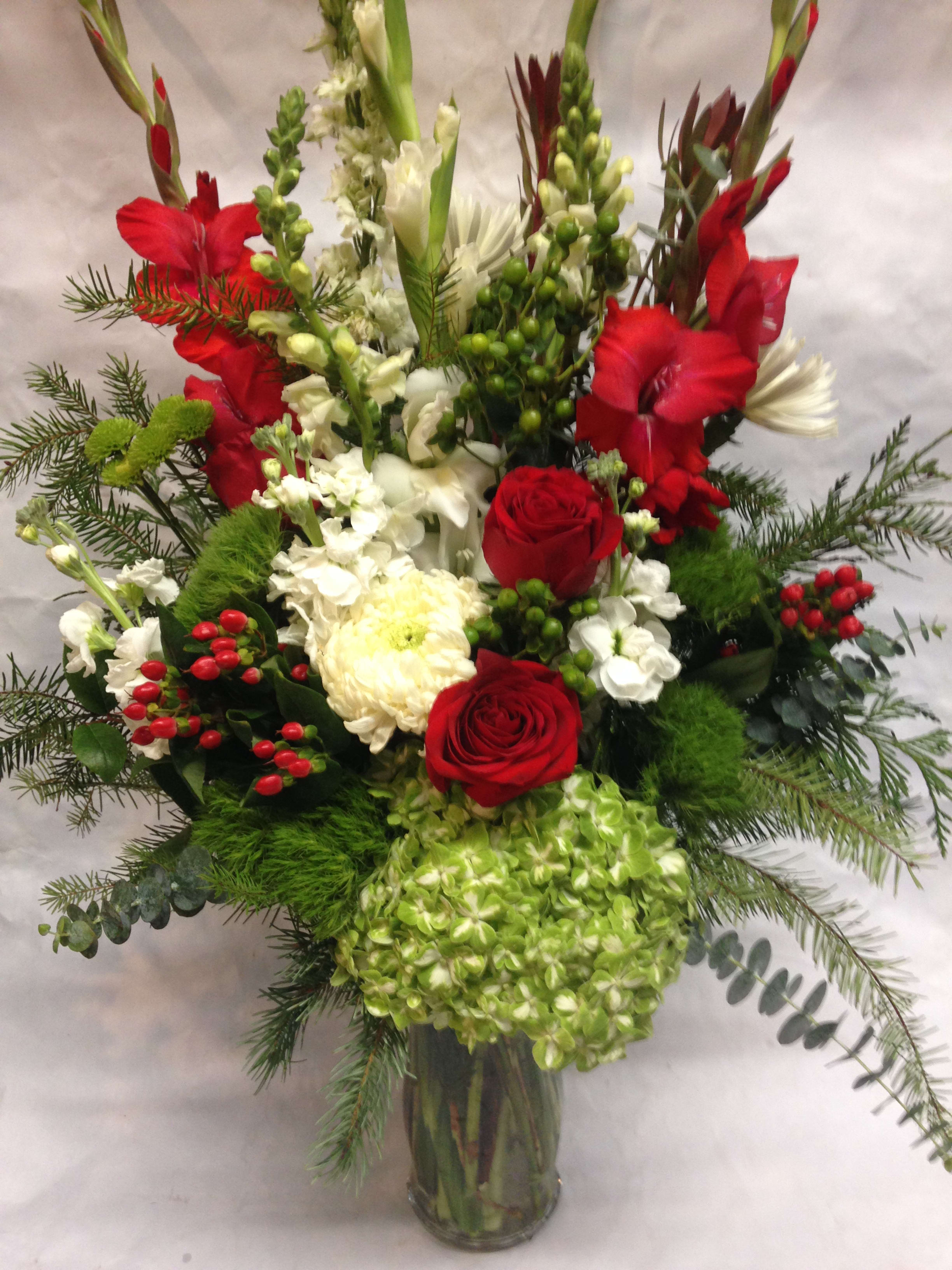 Christmas is in in the Air - This tall, seasonal arrangement comes complete with red and white gladiolas, hypericum, stock, roses, mums, dianthus, snapdragons, safari branches, hydrangea and various winter green. (Some flowers may be subject to change depending on the season. We will contact you with available flower substitutions; please contact us with specific questions if you are concerned with flower availability, thanks!) Featured arrangement: $255.00  (Regular PRICE)