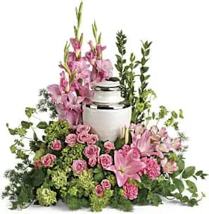 Sacred Solace Cremation Tribute - A gentle and graceful tribute, this floral arrangement is thoughtfully designed to encircle a cremation urn with soft beauty and heartfelt remembrance. Featuring a palette of delicate pink blooms.