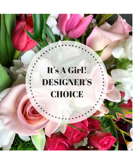 Designer's Choice Bouquet - New Baby Girl - Let our talented floral designers make a special bouquet for you using the best and freshest blooms we have available.   The dominant colors of the arrangement will be some combination of the colors traditionally associated with a new baby girl - pink, purple, lavender, and white.   *Please note: as a designer's choice item, the specific flowers shown here may not appear in your bouquet. Please call with any questions or specific requests. Thank you.