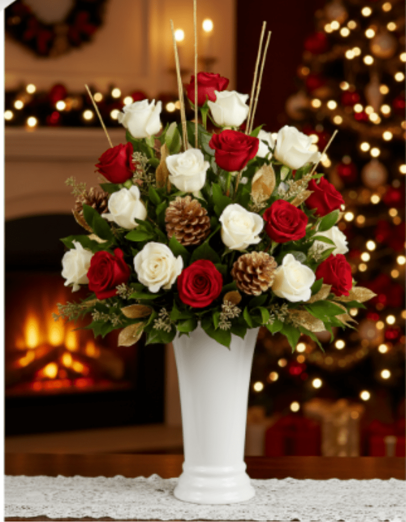 Yours Truly Bouquet - Make your special someone feel truly loved by surprising them with this extraordinary bouquet! A dozen and a half red and white roses are artfully arranged in a classic vase with delicate greens.