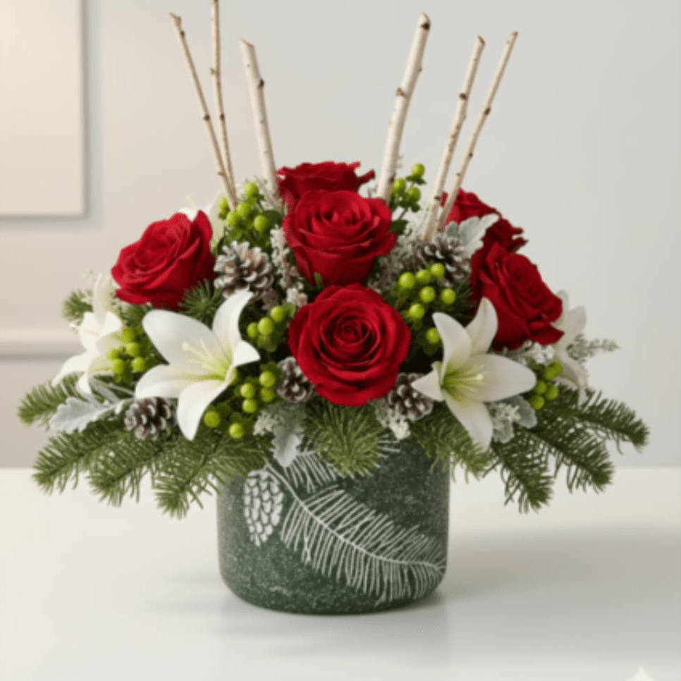 Frosted Pine - This elegant glass container captures the serene beauty of a winter walk. Its deep mossy green color is accented with a delicate, frosted pine sprig etched into the glass, giving it a subtle sparkle. The textured finish resembles gentle snowfall, making it an ideal choice for housing your favorite holiday arrangements. Its low, rounded profile is perfect for creating impactful centerpieces.