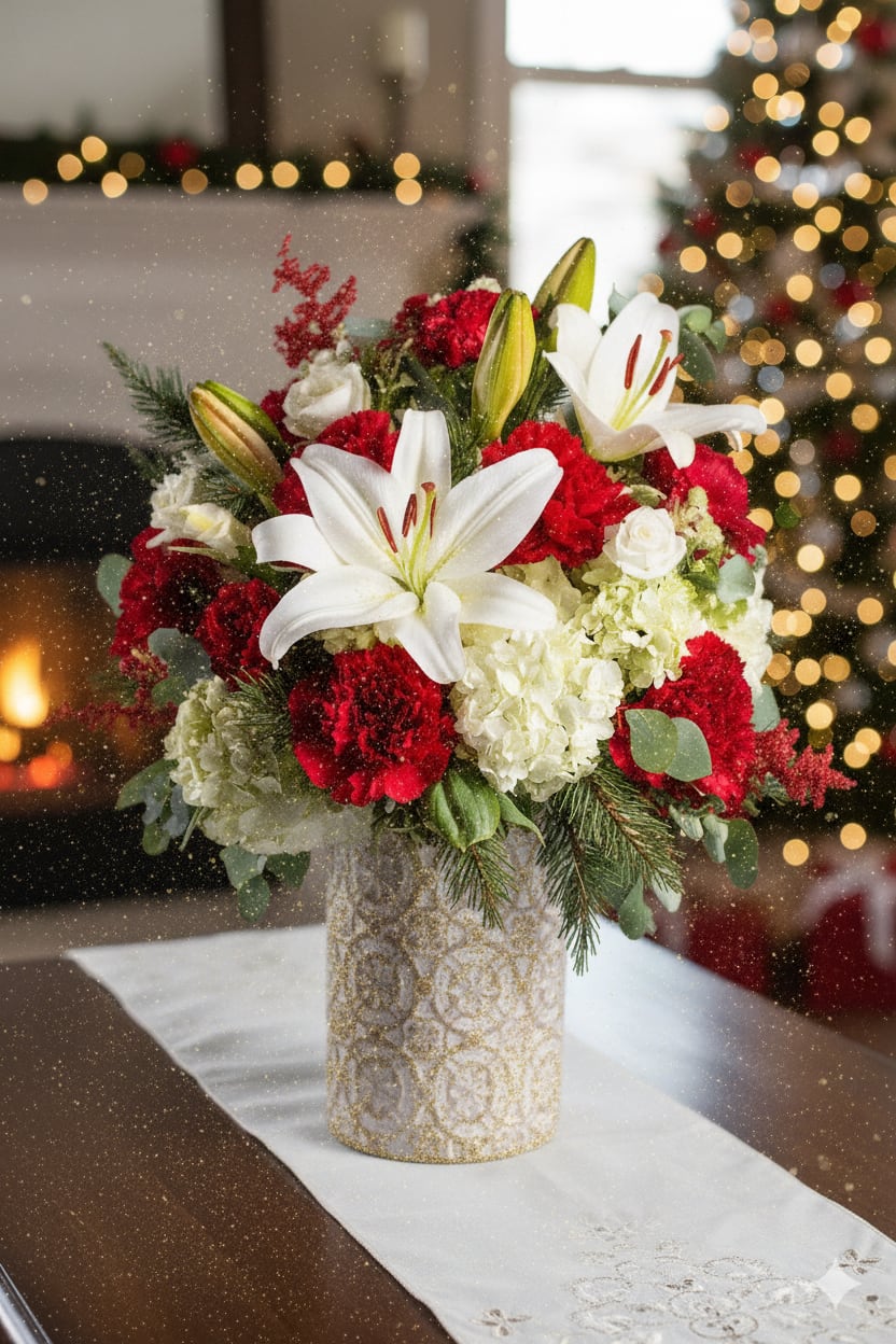 Scarlet Snowfall - Celebrate the season in classic holiday style with snowy white lilies, vibrant red carnations, and lush hydrangeas—all nestled among evergreen pine and pops of crimson. A festive bouquet that captures the joy of a winter’s day.