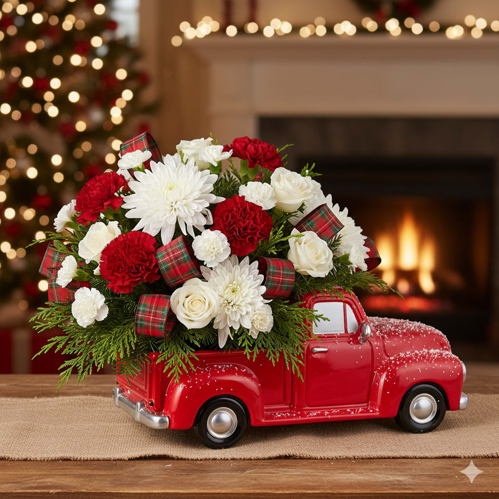 Santa's Festive Ride - Get ready for a joyride this Christmas! This adorable ceramic red truck is brimming with traditional holiday beauty. We've filled its bed with a gorgeous mix of classic white roses, delightful white poms, and vibrant red mini carnations. Fragrant cedar and pine greens and a touch of festive plaid ribbon tie the whole look together. It’s a whimsical and heartfelt way to send your warmest holiday wishes, and a wonderful keepsake for years of enjoyment.