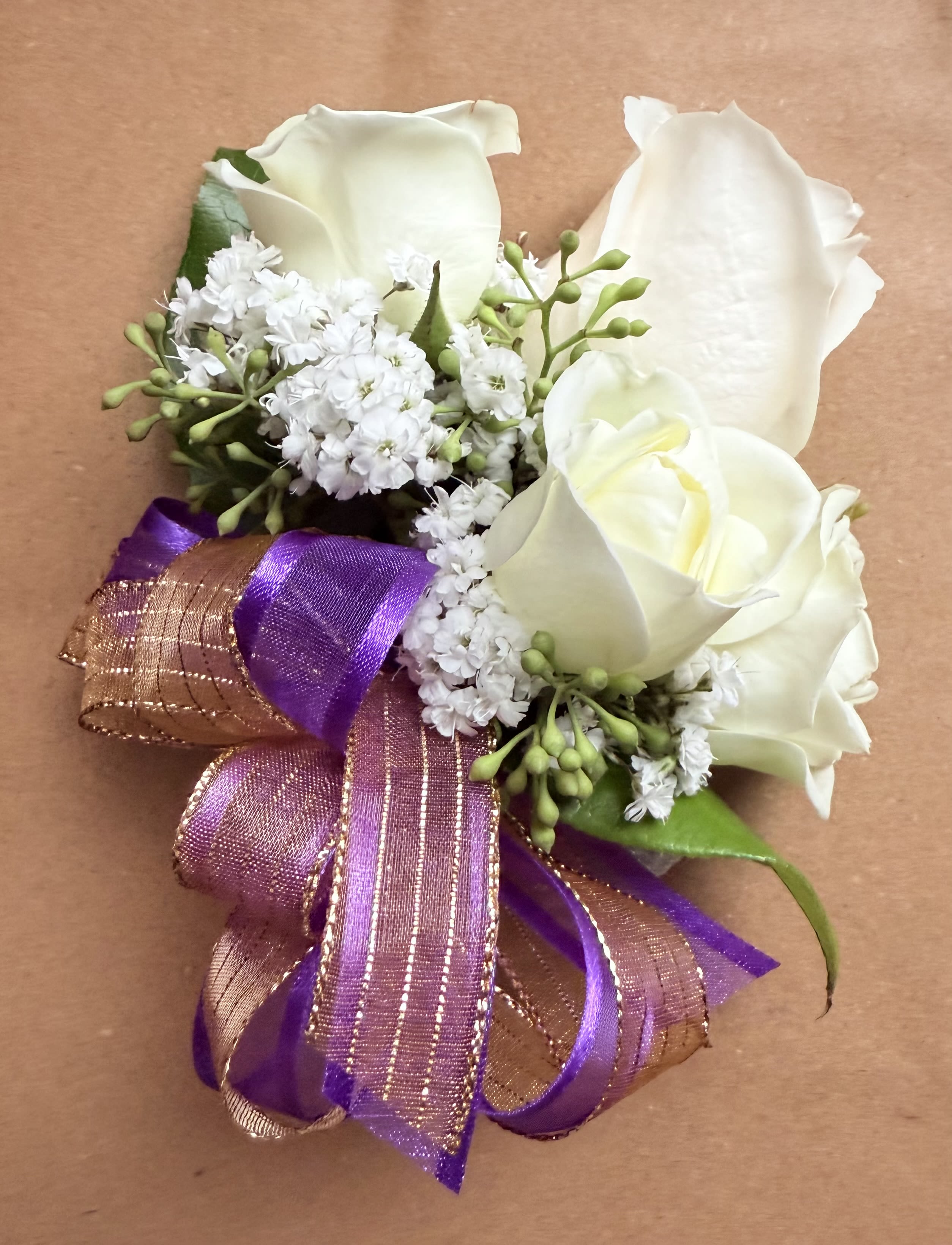 Corsage Bracelet  For Prom Homecoming Dance Corsage and Buttoniere set - Beautiful corsage bracelet designed with white spray roses, seasonal greenery, and white filler flowers. Note: You can choose the color of the ribbon. In your order, under instructions, you can specify the color of your ribbon.  