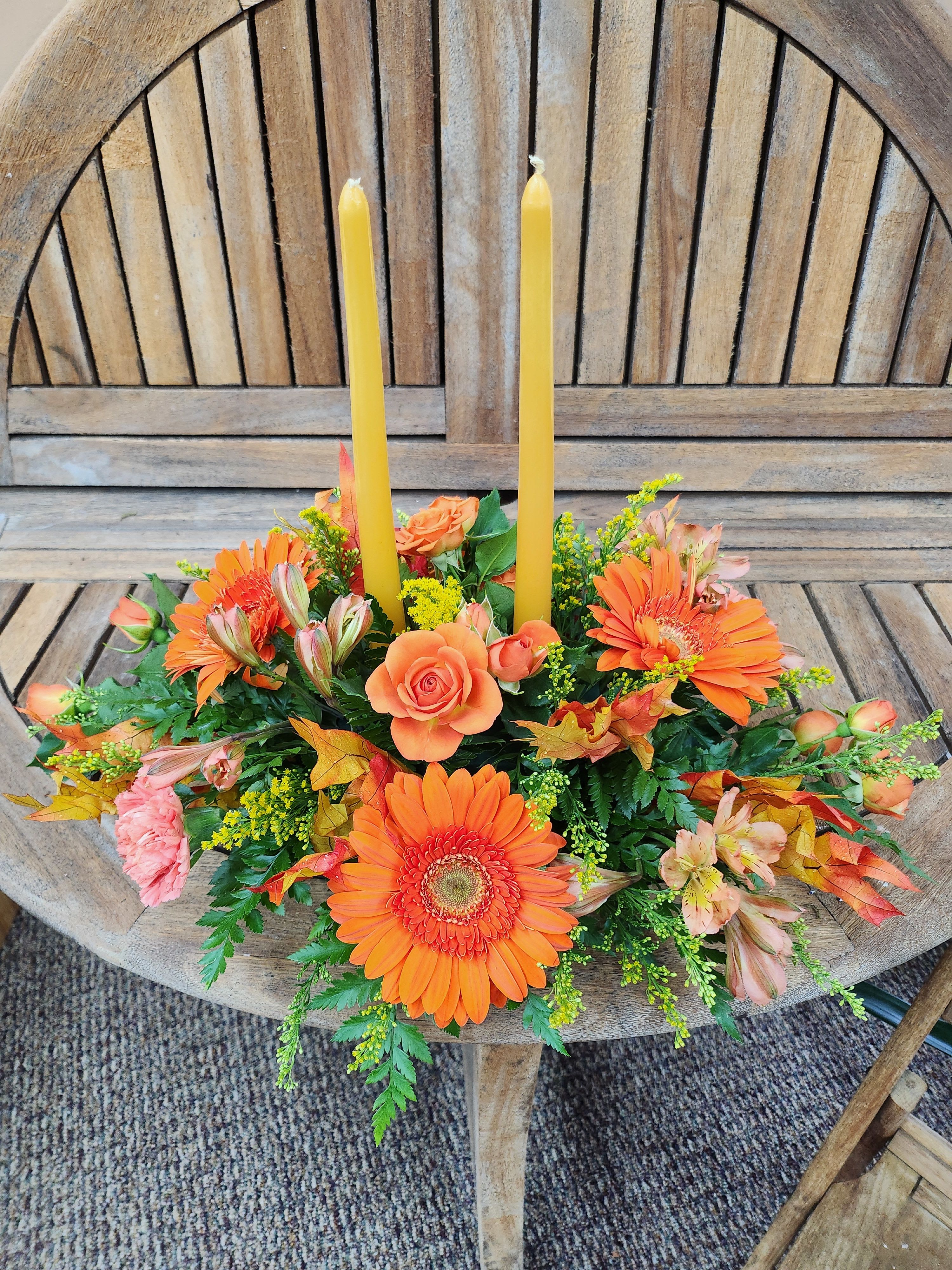 Thankful Centerpiece For Thanksgiving  - Mixed fall flowers with candles