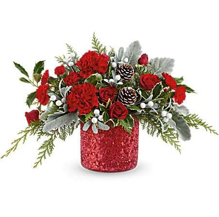Magical Wish Bouquet - Teleflora's Magical Wish Bouquet brings holiday sparkle to life! Red blooms and festive greens shine in Teleflora's glittering Magical Wish Vase-a dazzling gift for Christmas or any winter celebration.