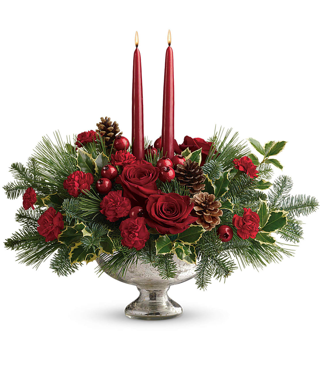 Shining Bright - Holiday glam! This shimmering mercury glass keepsake bowl captivates beneath elegant Christmas roses, fresh winter greens, and glowing taper candles.