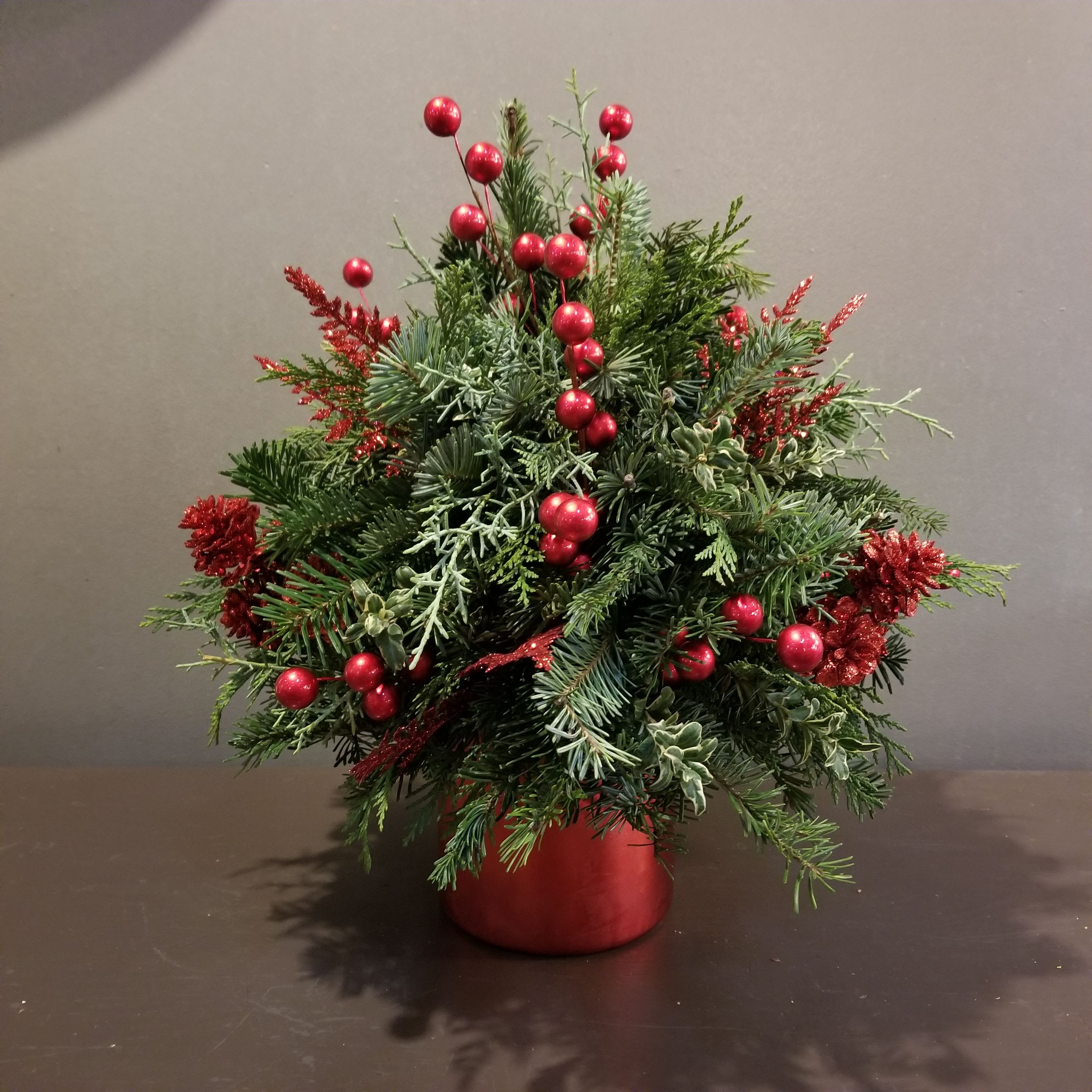 Tabletop Evergreen Trees - Deck the Halls - Medium - Celebrate the season with this assortment of evergreens created for your table!  Adorned with red and champagne accents, this tree measures 17&quot; tall by 15&quot; wide.  Keep it watered and it will last the season!