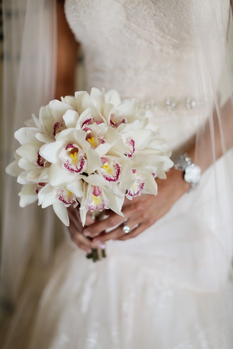 &quot;I Do&quot; White Orchid Bouquet  - Modern and Crisp pave style bouquet. A modern Take on Cymbidium orchids that will make you want to say &quot; I do&quot;