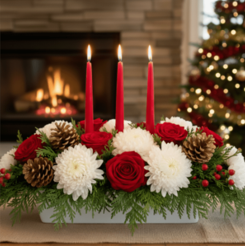 The Three Tapers Christmas Tradition - Celebrate the enduring warmth and beauty of the season with The Three Tapers Christmas Tradition centerpiece. This classic, low-profile design is perfectly suited for your dining table, creating an intimate glow that encourages conversation while making a magnificent visual statement. It is the perfect piece to anchor your holiday décor.   Design &amp; Contents This long, low centerpiece is meticulously crafted using a traditional holiday palette and rich textures: The Candles: Three vibrant red taper candles stand tall at the center, ready to cast a festive, inviting light. (Candle holders are integrated into the design base). Fresh Evergreens: A full, fragrant bed of mixed evergreens (cedar and pine) forms the base, filling your home with the classic aroma of Christmas. Classic Blooms: Velvety Red Roses: Deep red roses add a touch of romance and luxury. Crisp White Mums: Large, full white cushion or spider mums provide a beautiful contrast, evoking a snowy accent. Rustic Accents: Natural pine cones and bright red hypericum or winter berries are nestled among the greens, enhancing the traditional harvest feel. The Container: The entire arrangement is housed in an elegant white ceramic  rectangular base that neatly supports the candles and flowers.